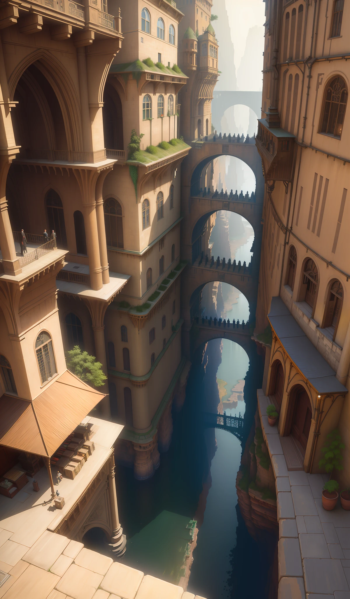 ((masterpiece)),((best quality)),((high detial)),((realistic,)) Industrial age city, deep canyons in the middle, architectural streets, bazaars, Bridges, rainy days, steampunk, European architecture