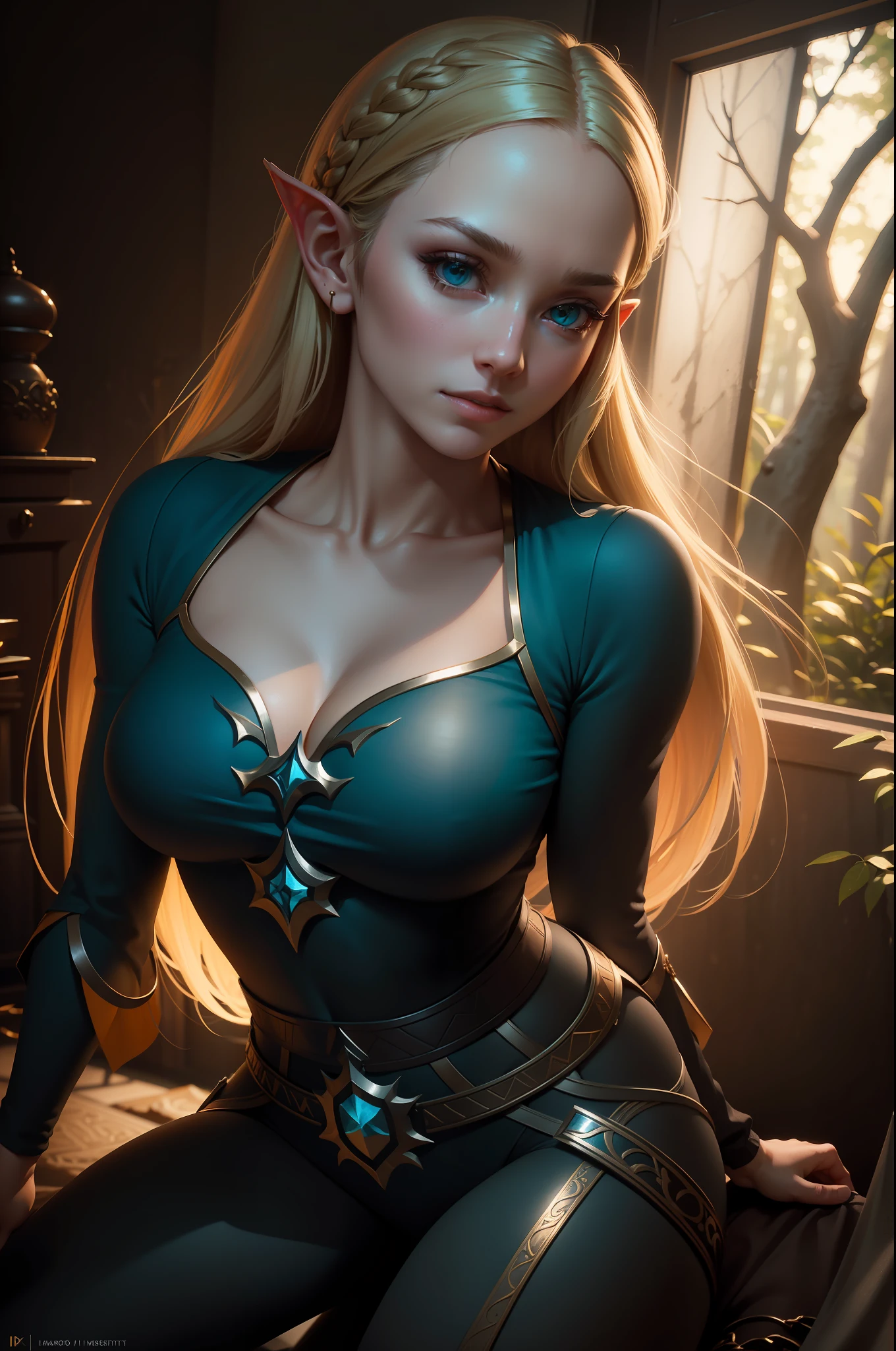 masterpiece, 1girl, full body, (solo:1.5), slim, pale skin, blonde hair, smirk, green eyes, jewelry, long hair, long sleeves, pointy ears, ring, medium breasts, tree, blue shirt, tight white pants, rear view, face to camera, leaning forward, looking at viewer, intricate, unreal engine 5, volumetric lighting, realistic, cinematic, 4k, cinematic lighting, depth of field, masterpiece, perfect, award-winning, hyper-detailed, photorealistic, ultra realistic, realistic light, hard lighting, intricate details, stop motion, hyperfocus, tonemapping, sharp focus, hyper detailed, a character portrait by senior character artist, trending on Artstation