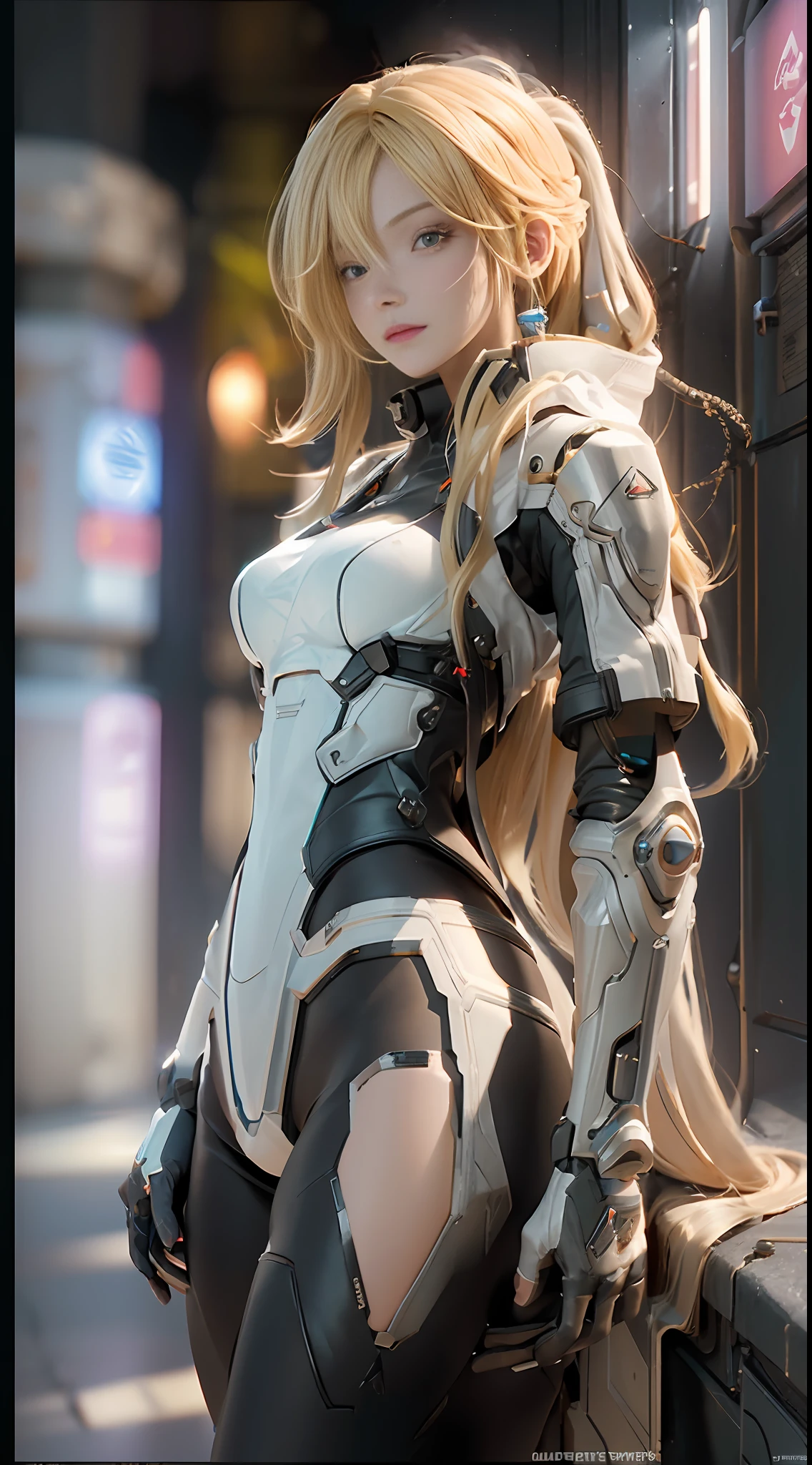 ((Best Quality)), ((Masterpiece)), (Detail: 1.4), 3D, A Beautiful Cyberpunk Female Figure, Long Blonde Hair, HDR (High Dynamic Range), Ray Tracing, NVIDIA RTX, Super-Resolution, Unreal 5, Subsurface Scattering, PBR Textures, Post Processing, Anisotropic Filtering, Depth of Field, Maximum Clarity and Clarity, Multi-layer Textures, Albedo and Highlight Maps, Surface Shading, Accurate simulation of light-material interactions, perfect proportions, Octane Render, two-color light, large aperture, low ISO, white balance, rule of thirds, 8K RAW,