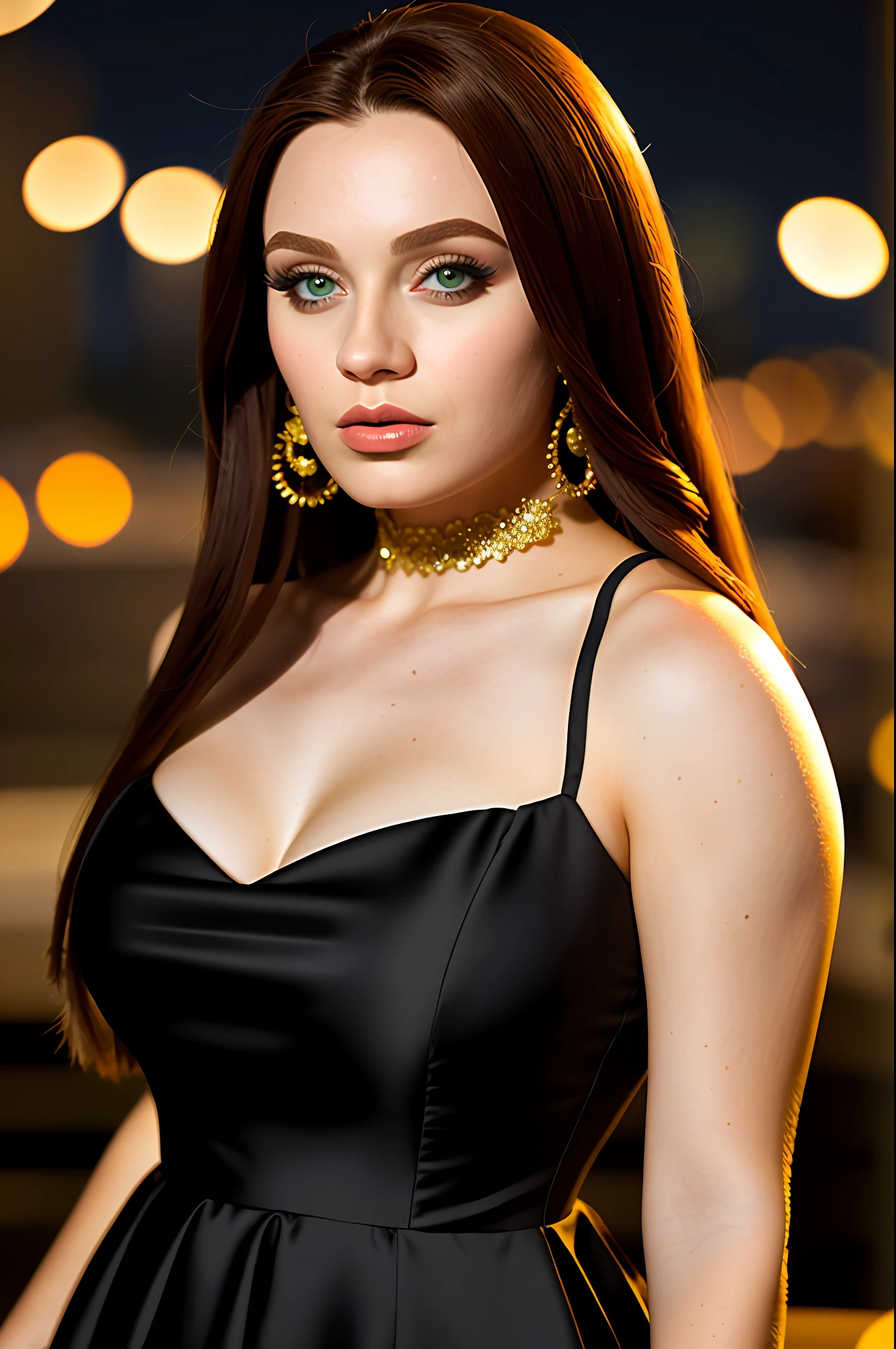 downtown at midnight, stunning dress, upper body, bokeh, head:1.2, midnight, RAW, UHD, 8K, natural skin, stunning eyes, black sky, BBW