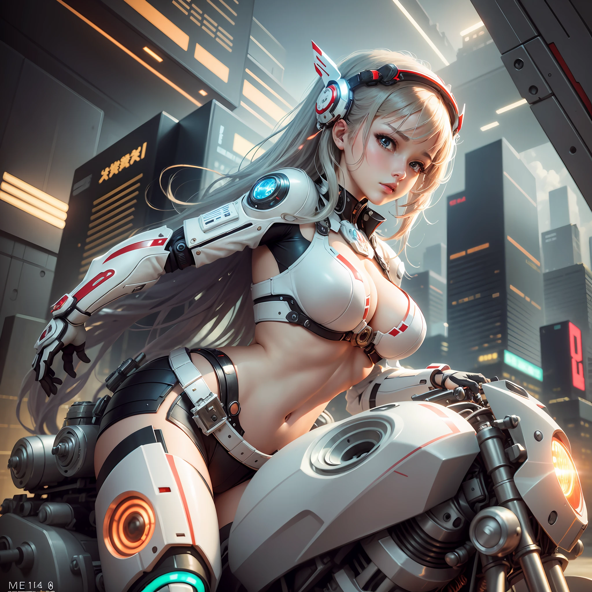 Highest quality, outstanding detail, super high resolution, (fidelity: 1.4), best illustration, favor details, close-up, a mecha girl with a delicate and beautiful face, ((red and white semi-mechanical body: 1.8)), (big breast: 1.2), sexy, belly button, cleavage, riding on a motorcycle, cyberpunk, futuristic, mechanical aesthetics, complex machinery, background is a high-tech lighting scene of the futuristic city, virtual engine 5, perfect detail rendering, octane rendering, ultra HD --auto --s2