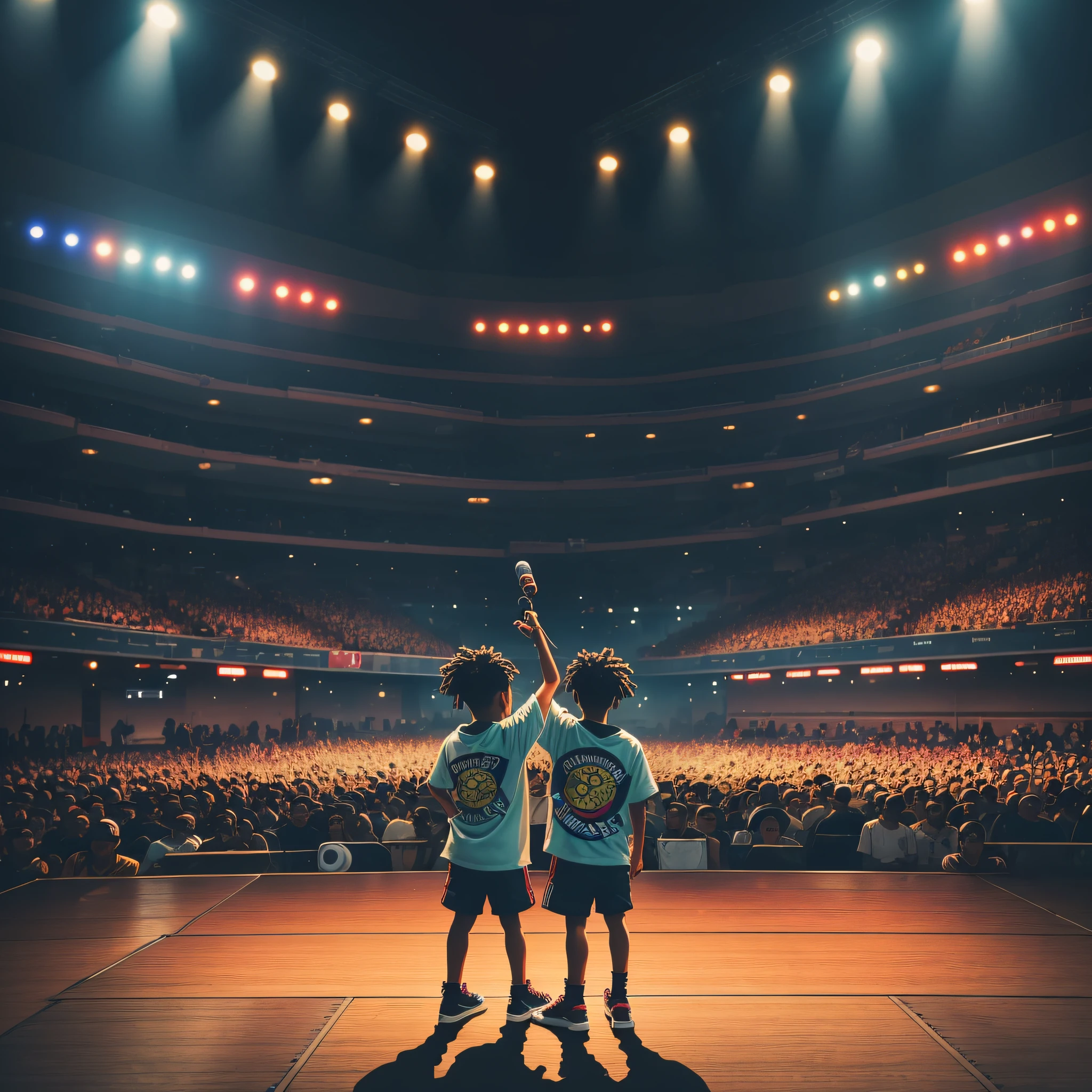 Three  standing on a stage covered by spotlights, huge stereos on both sides, spotlights on their heads, and a large audience in the audience hip hop style, kids, hip hop urban inspiration, kids a, kids, hip hop, wild style, music video, streetwear, new style urban style, h. u. d, boys, high quality], hip hop, hip hop, children, family, kanagawa style --auto --s2