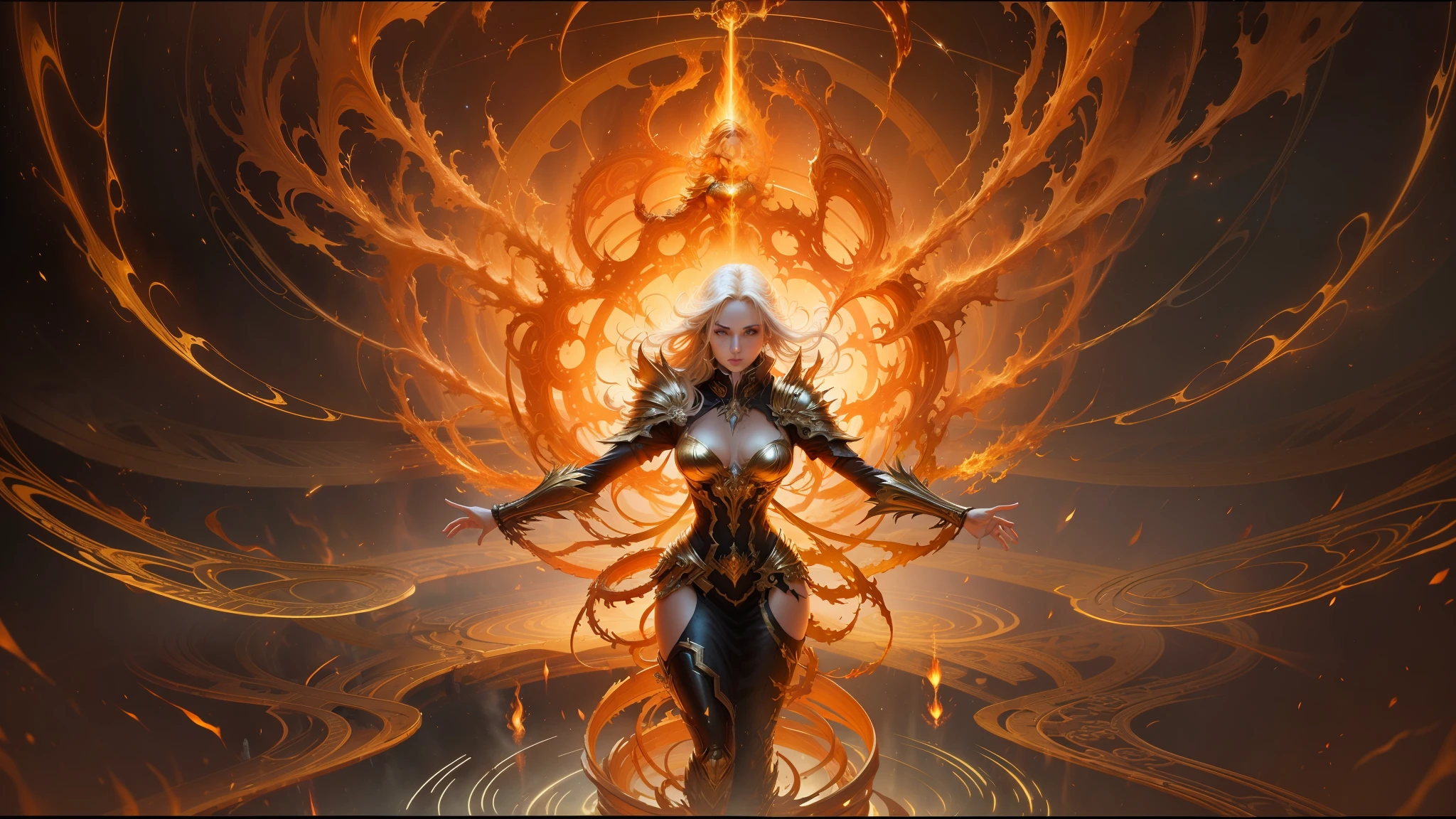 there is a woman standing in front of a fire and flames, golden edges and fractals, inspired by Greg Staples, radiating golden light, overwhelming energy, breaking apart, keyframe, immersed within a network, in the style of clint cearley, trance