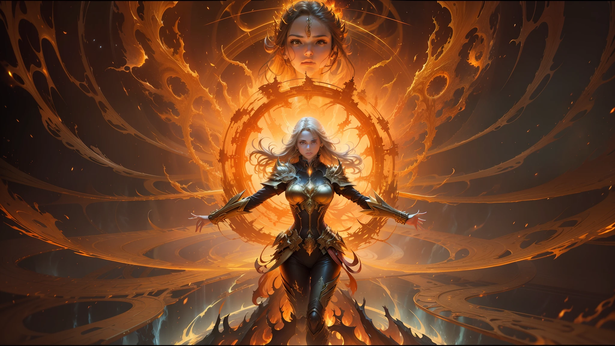 there is a woman standing in front of a fire and flames, golden edges and fractals, inspired by Greg Staples, radiating golden light, overwhelming energy, breaking apart, keyframe, immersed within a network, in the style of clint cearley, trance