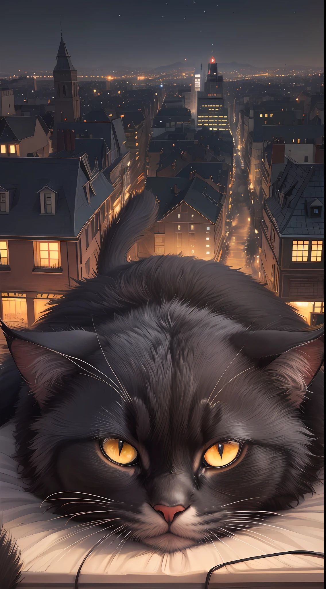 A huge very large fluffy black cat on the roof above a cozy city, a view of the city from above, night in the city, cozy light from the windows of the cat-night, night nocturne, as an illustration of children's fairy tales, a very cozy atmosphere, cozy lighting, a fairy tale about a night cat, a cat gives dreams, cute homes, a doll town