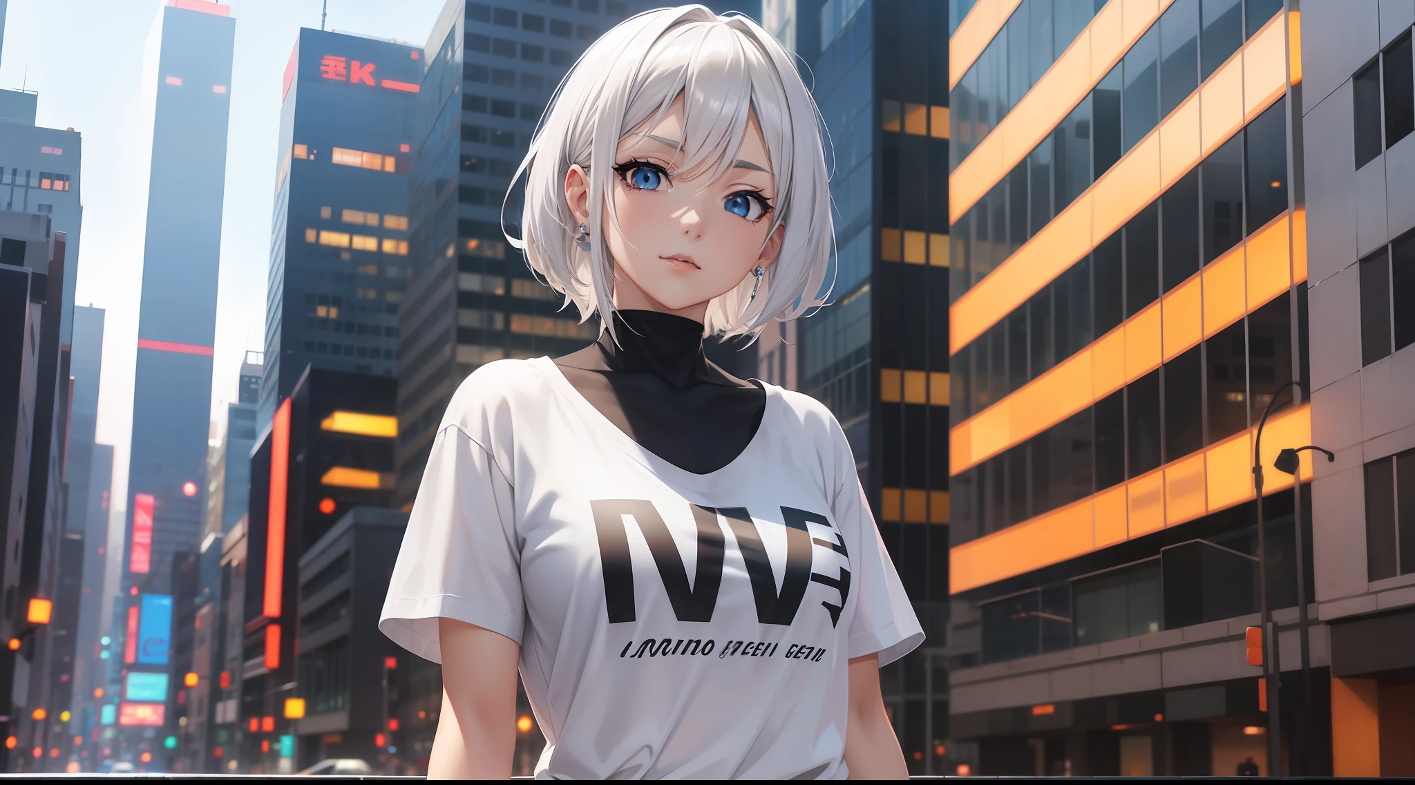 Anime girl with white hair and blue eyes in the city, seductive anime girl, T-shirt, perfect girl with white hair, girl with white hair, detailed digital anime art, beautiful anime girl, anime style 4 K, anime art wallpaper 8 K, beautiful and attractive anime woman, advanced digital anime art, beautiful anime woman, 4k anime wallpaper, anime art wallpaper 4k, gray hair, orange light sign, big led light, orange background, black and white dalmatian dog