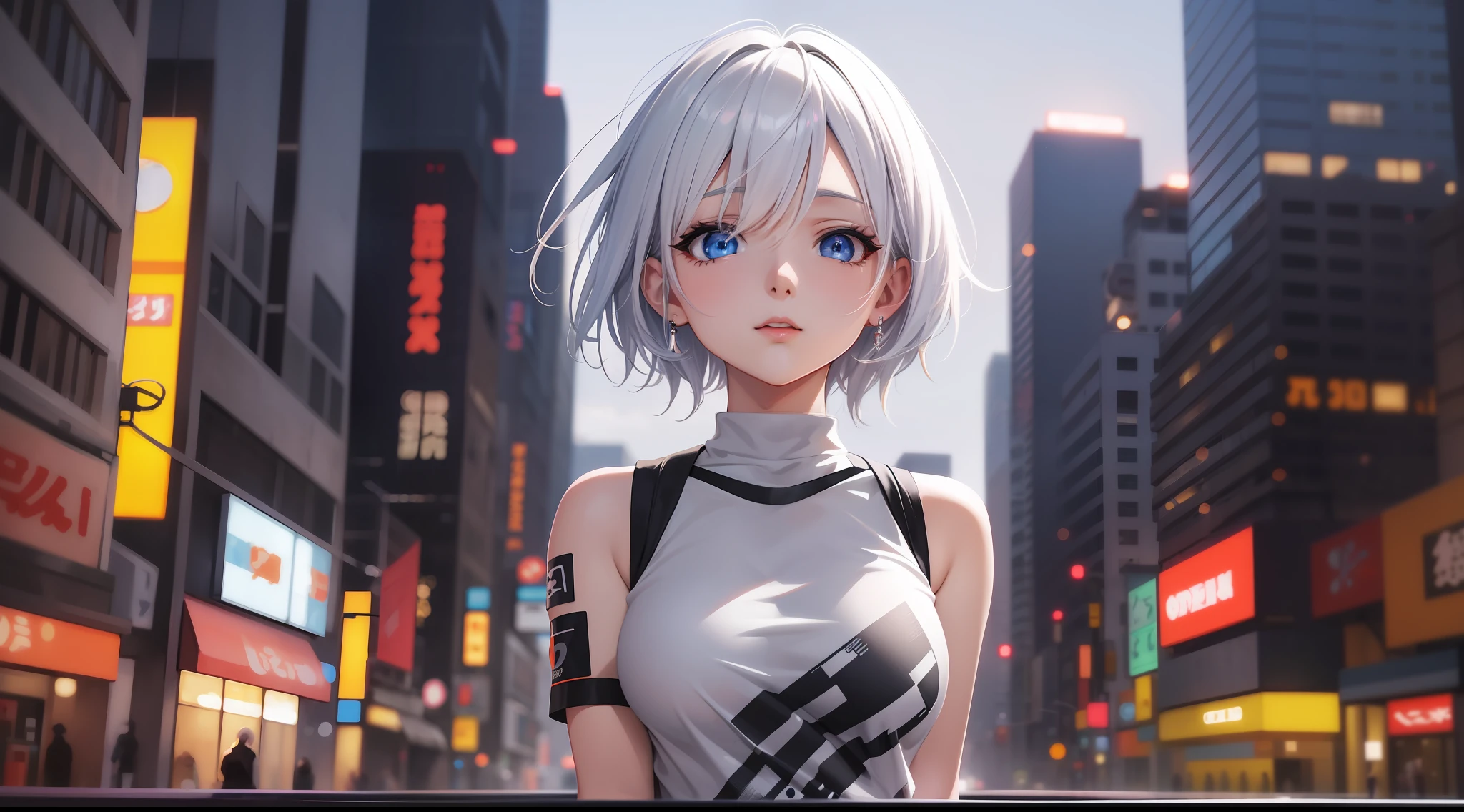 Anime girl with white hair and blue eyes in the city, seductive anime girl, T-shirt, perfect girl with white hair, girl with white hair, detailed digital anime art, beautiful anime girl, anime style 4 K, anime art wallpaper 8 K, beautiful and attractive anime woman, advanced digital anime art, beautiful anime woman, 4k anime wallpaper, anime art wallpaper 4k, gray hair, orange light sign, big led light, orange background, black and white dalmatian dog