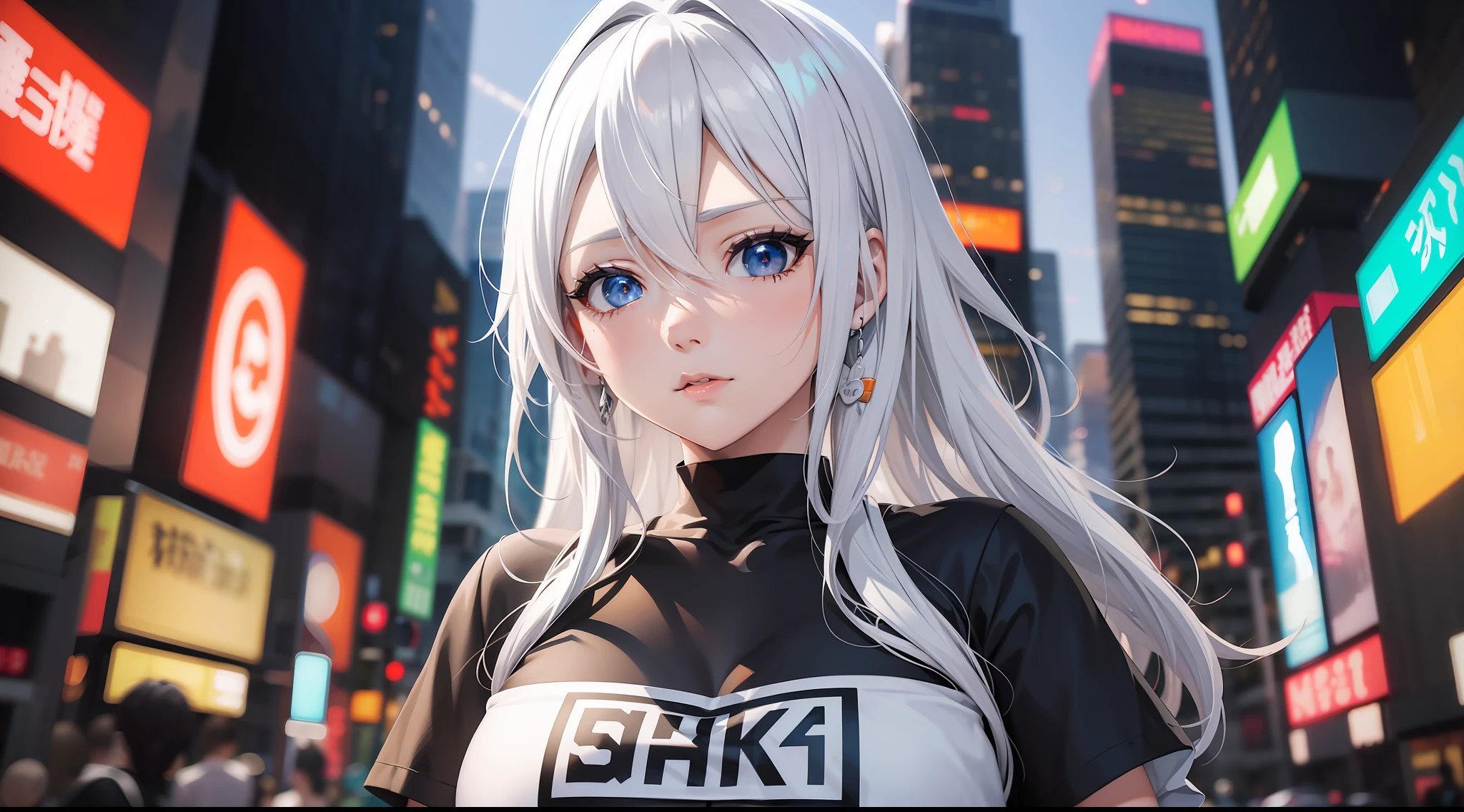 Anime girl with white hair and blue eyes in the city, seductive anime girl, T-shirt, perfect girl with white hair, girl with white hair, detailed digital anime art, beautiful anime girl, anime style 4 K, anime art wallpaper 8 K, beautiful and attractive anime woman, advanced digital anime art, beautiful anime woman, 4k anime wallpaper, anime art wallpaper 4k, gray hair, orange light sign, big led light, orange background, black and white dalmatian dog