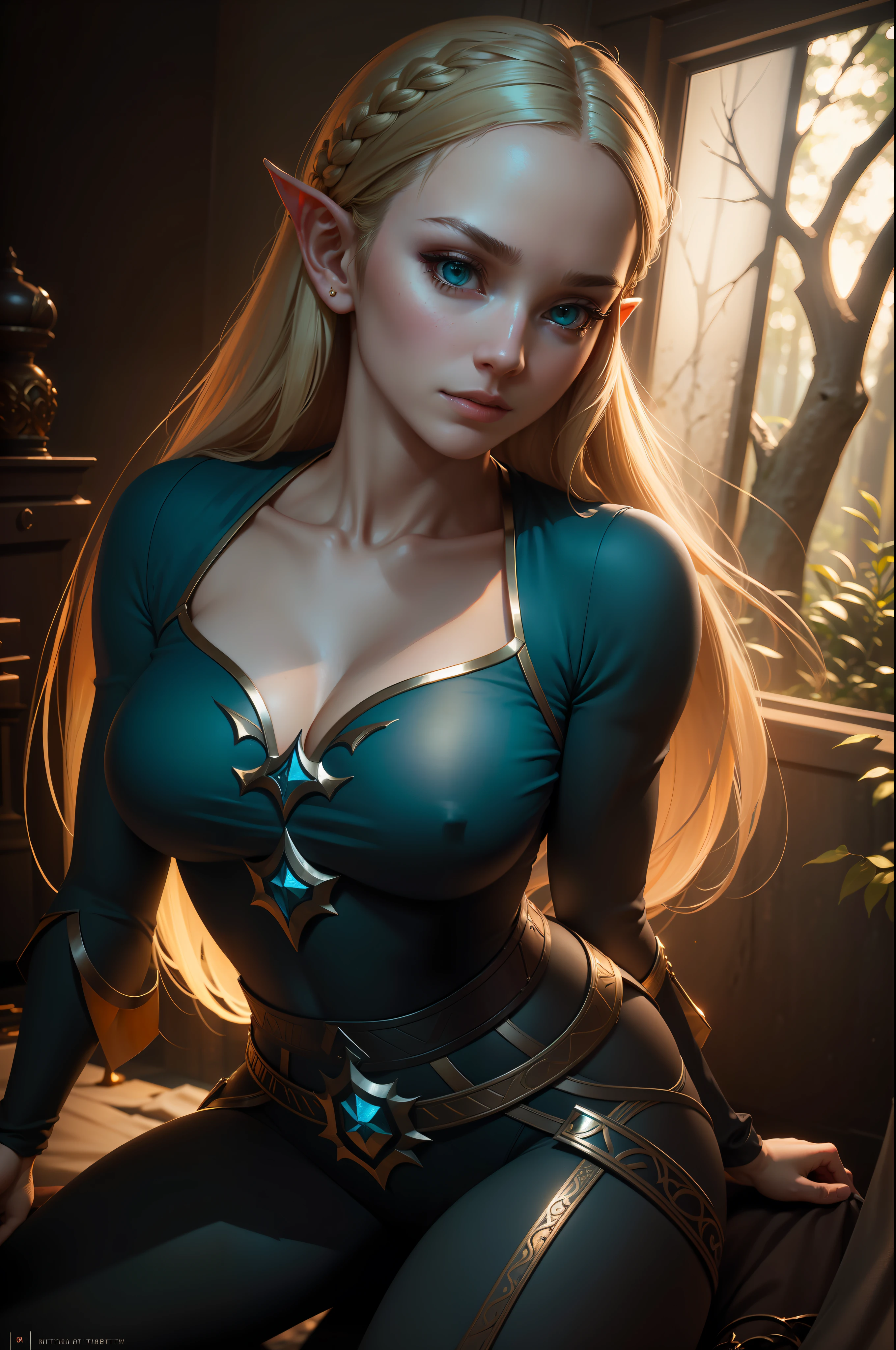 masterpiece, 1girl, full body, (solo:1.5), slim, pale skin, blonde hair, smirk, green eyes, jewelry, long hair, long sleeves, pointy ears, ring, medium breasts, tree, blue shirt, tight white pants, rear view, face to camera, leaning forward, looking at viewer, intricate, unreal engine 5, volumetric lighting, realistic, cinematic, 4k, cinematic lighting, depth of field, masterpiece, perfect, award-winning, hyper-detailed, photorealistic, ultra realistic, realistic light, hard lighting, intricate details, stop motion, hyperfocus, tonemapping, sharp focus, hyper detailed, a character portrait by senior character artist, trending on Artstation