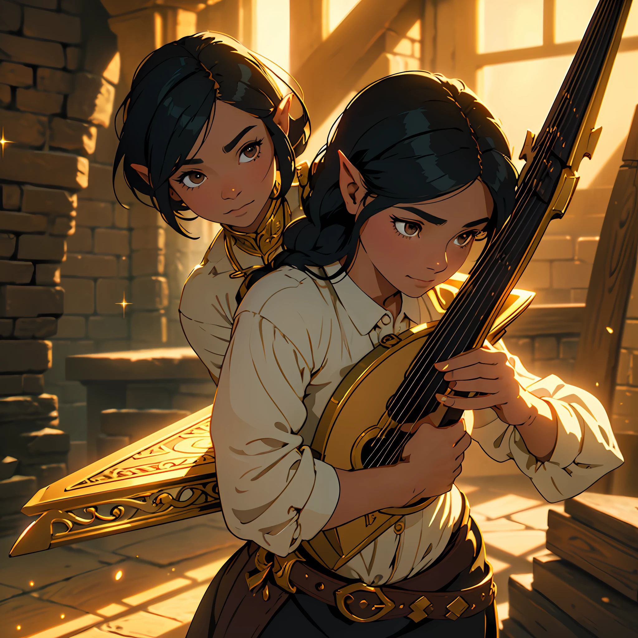 a woman halflings bard, a small golden harp on the back, black hair, brown eyes, short stature, fully clothed, in a dungeon, masterpiece, best quality, high contrast, soft lighting, backlighting, blooming, light sparkles, chromatic aberration, smooth, sharp focus