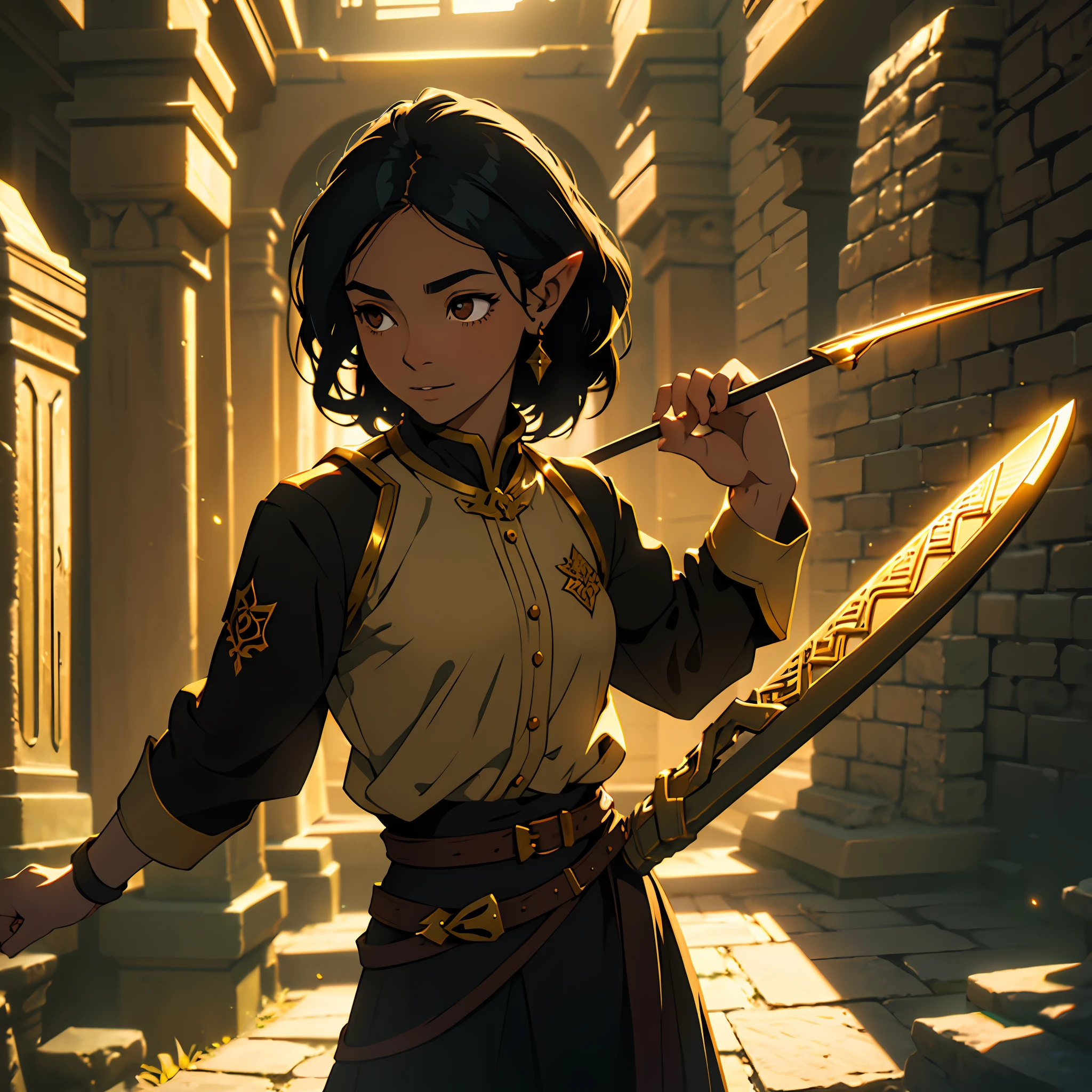 a woman halflings bard, a small golden harp on the back, black hair, brown eyes, short stature, fully clothed, in a dungeon, masterpiece, best quality, high contrast, soft lighting, backlighting, blooming, light sparkles, chromatic aberration, smooth, sharp focus