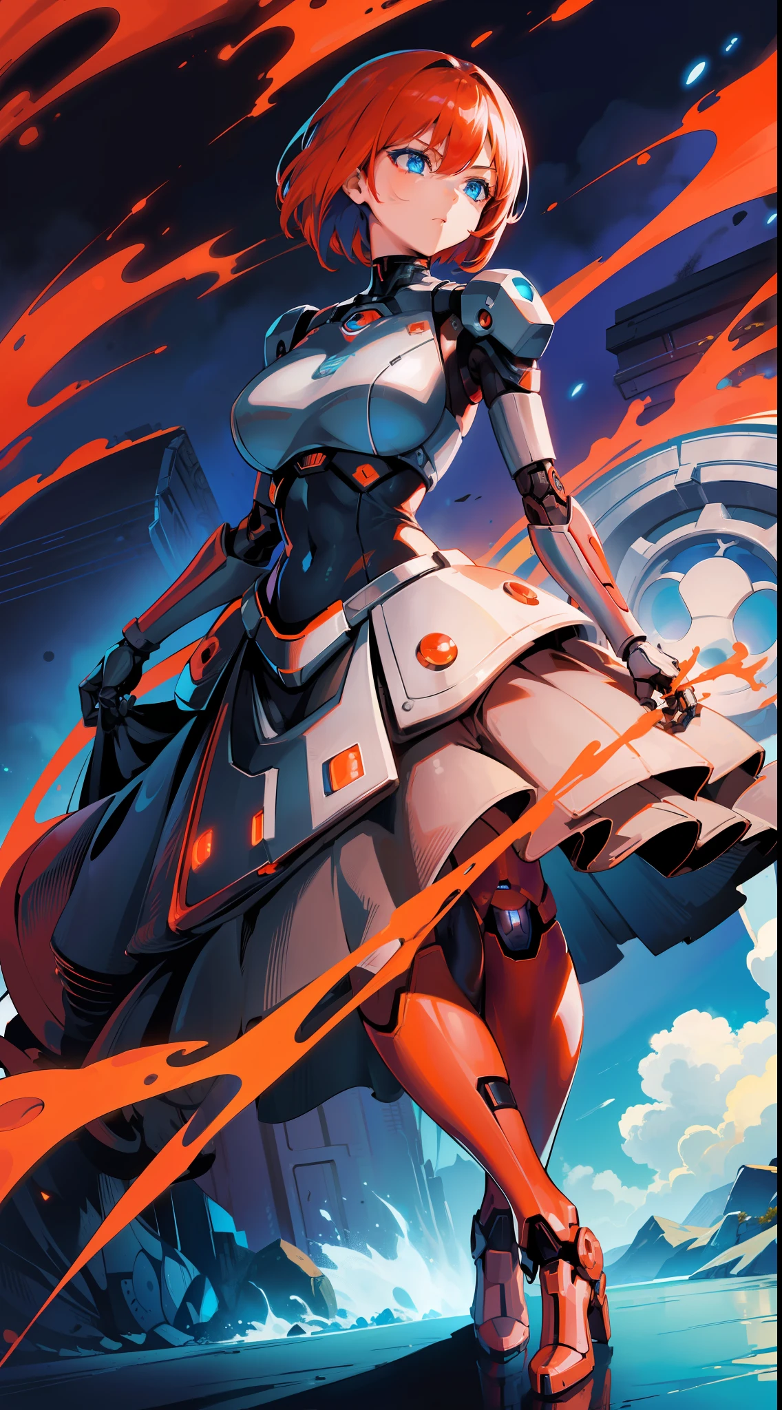 a female robot, with mostly metal humanoid body, short red hair, (((blue eyes))), in a pubite, elegant pose, (((wearing dress)))), (((ultra wide vision))), sunny and smoky, colors with orange palette
