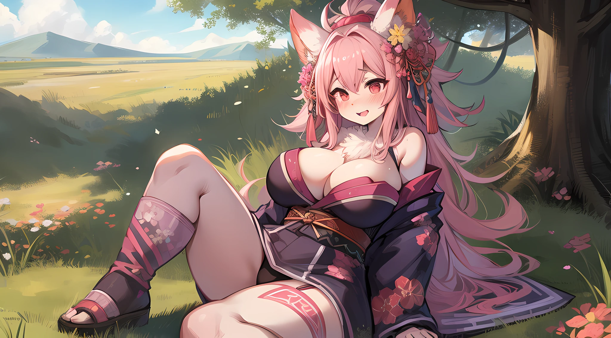 [[[[[[furry, pink fur]]]]]], [[[giant enormous breast]]], [[[[[sitting on grass]]]]], [[[[kimono:6]]]], looking, blushing, [[[tongue out]]], [[mouth gaping open]]