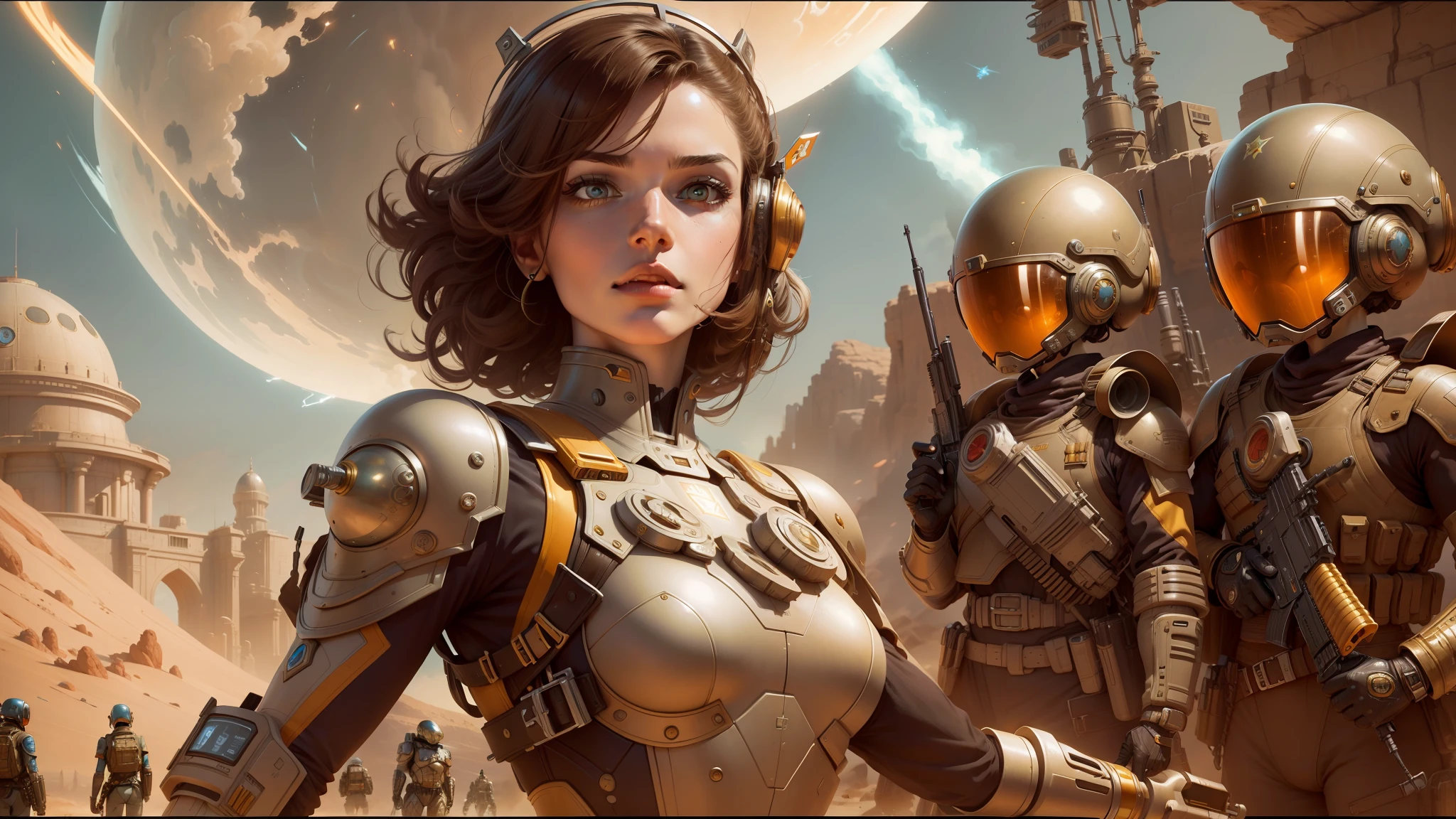 there is a woman in a futuristic suit holding a gun, award-winning fantasy art, juxtapoz, inspired by Michael Komarck, american soldiers invaded mars, style = retro-futurism, golden armor wearing, mark schultz, futuristic france, atomic stars, by james jean, energetic beings patrolling