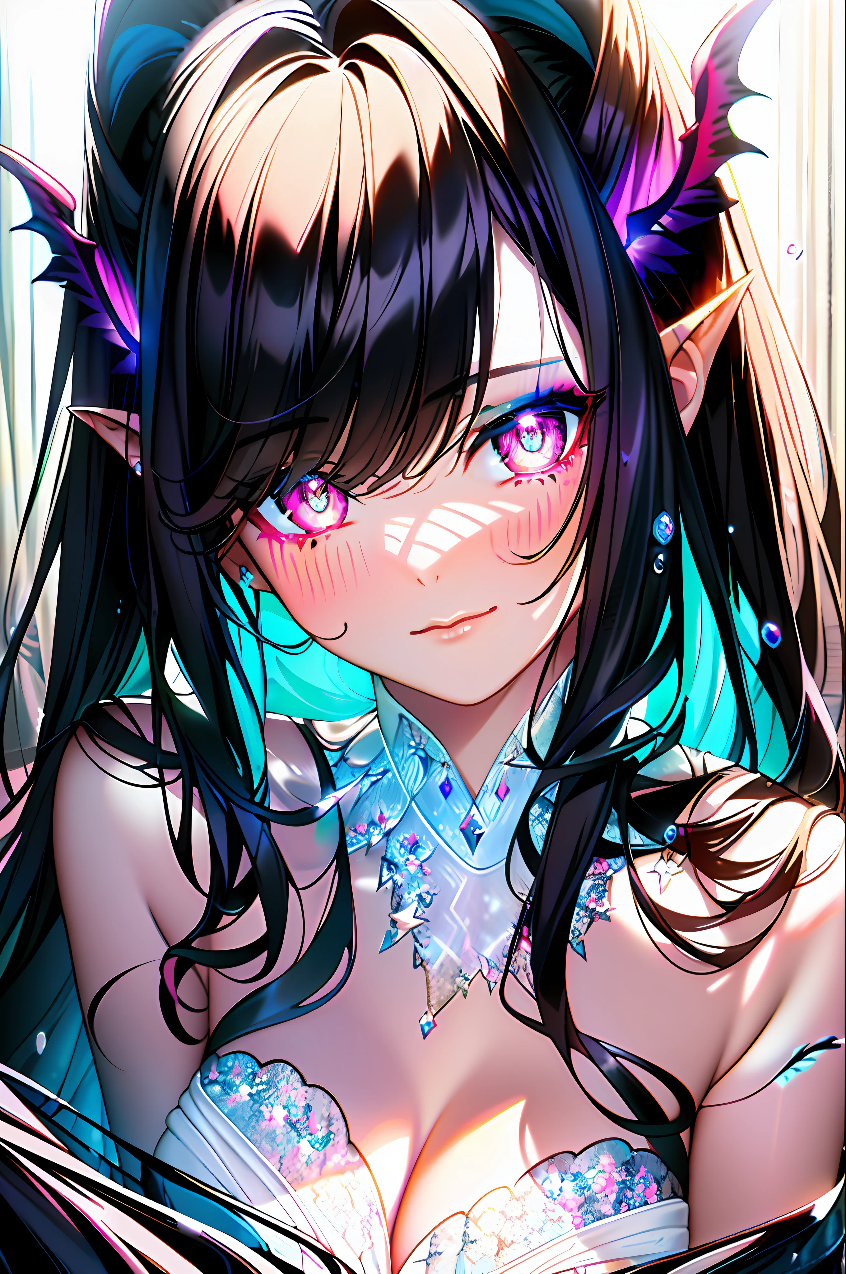 (Masterpiece:1.2), best quality, (illustration:1.2), (ultra-detailed),Eye focus,(Masterfully crafted Glow, pink lens flare), (Cinematic background), hyper details, (delicate detailed), (intricate details),in the air, octane render, hdr, (hyperdetailed:1.15), (soft light:1.2), 1girl, beautiful girl, ultra detailed eyes, mature, plump, thick, rainbow painting drops, paint teardrops, woman made up from paint, entirely paint, splat, splash, outdoors, (bioluminescent hair:1.1),(glowing eyes), ((makeup)),(Cinematic masterpiece), fierce, powerful, splashes of colour absolutely eye-catching, (Cinematic headlight), light coming from above, growing shadows, ((caustic)), dynamic angle, beautiful detailed glow, ambient occlusion, ambient light, raytraced reflections,(best illumination, an extremely delicate and beautiful), ((cinematic light)), (soft:2), (Nephilim:1.2), (halo), demon horns,(1 angel wing),1 demon wing, wings on back, half demon, demon ears, black wings, raven wings, (falling raven feathers), black hair, grey eyes, (red hair glow), (radiant aura),