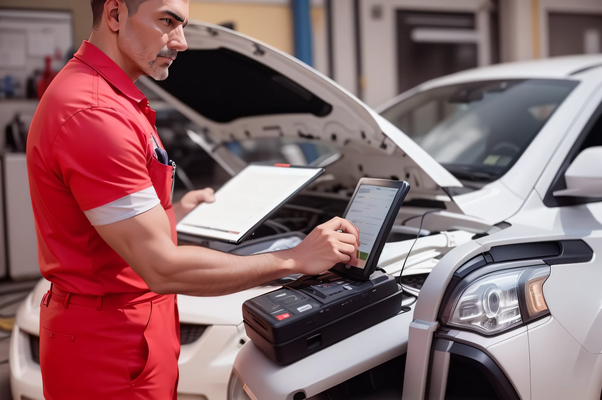 "(Masterpiece, best quality, ultra-detailed), popular Brazilian car, surveyor doing automotive electronic diagnosis, neutral environment and of course, scanner for electronic diagnostics highlighted on the scene."