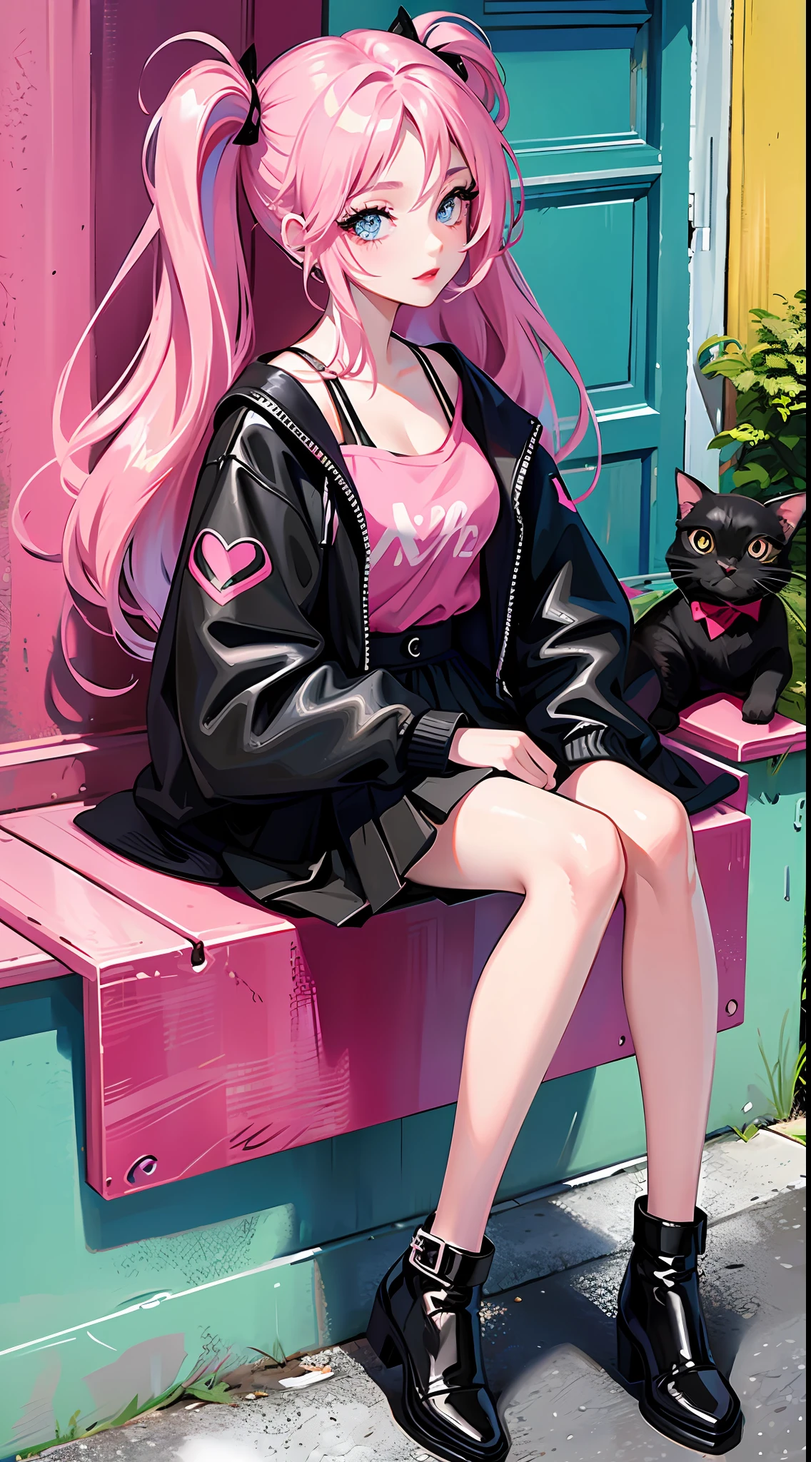 Girl with cat, black cat, pink hair blue eyes, summer, heart eyes, long eyelashes, big red lips, HD image, street side, girly feeling, skirt