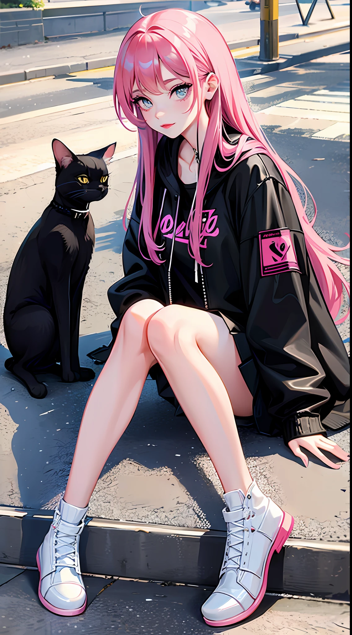 Girl with cat, black cat, pink hair blue eyes, summer, heart eyes, long eyelashes, big red lips, HD image, street side, girly feeling, skirt