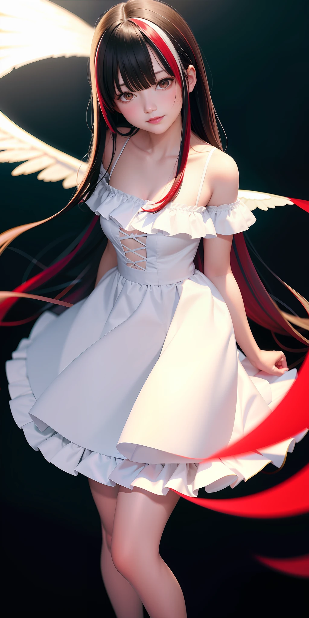 Realistic, girl 1 person, (black hair (red highlights)), red eyes, shining eyes, white ruffled shirt, skirt, parted lips, blush, night, sunlight, white skirt, long skirt, long hair, realistic, warm color, cleavage, white clothes, light background color, daytime environment, bright color background, coast, cute, nihilistic smile, angle from above,