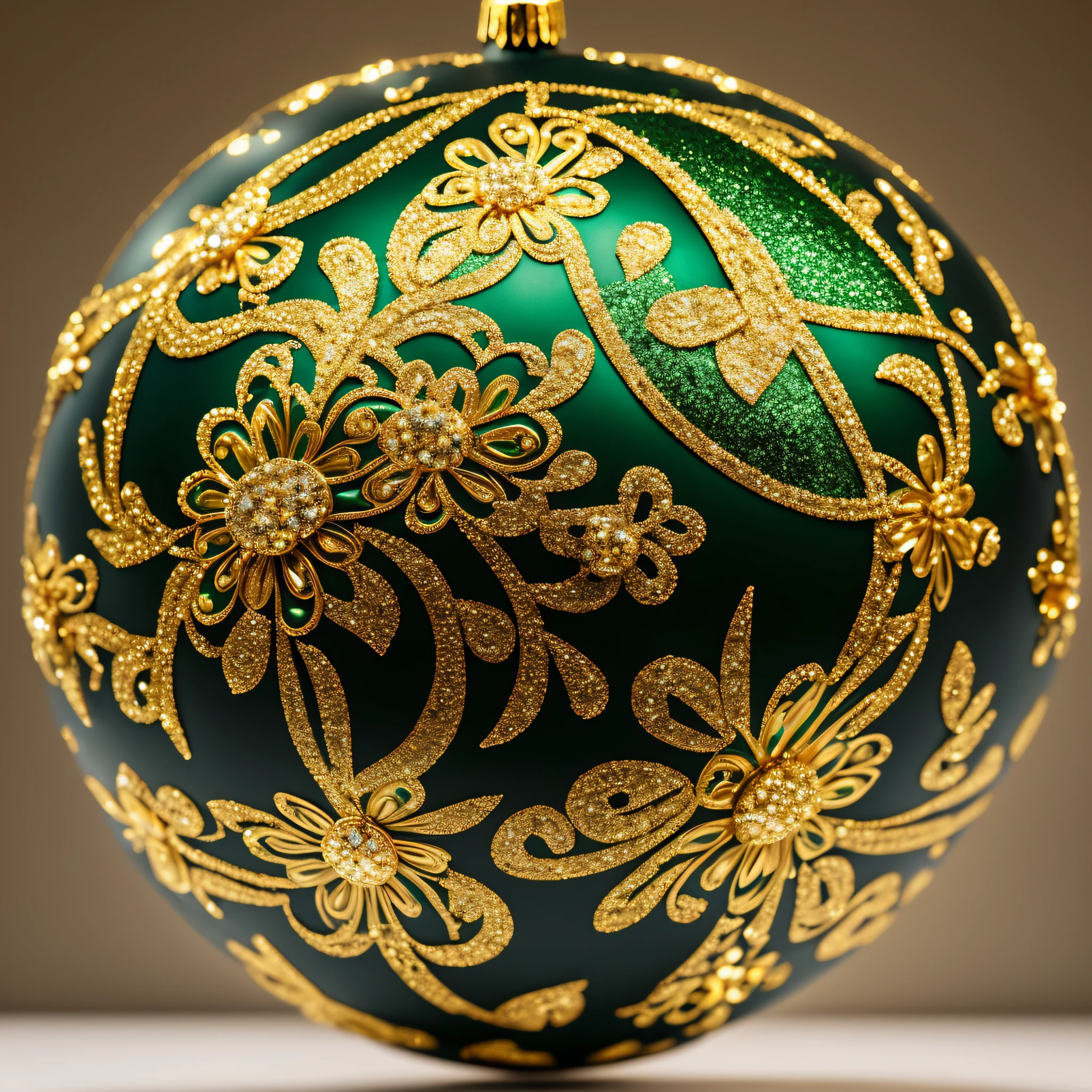 a christmas ball, hanging, scene background in black color, ball surface in green color, floral shaped details, details in golden color