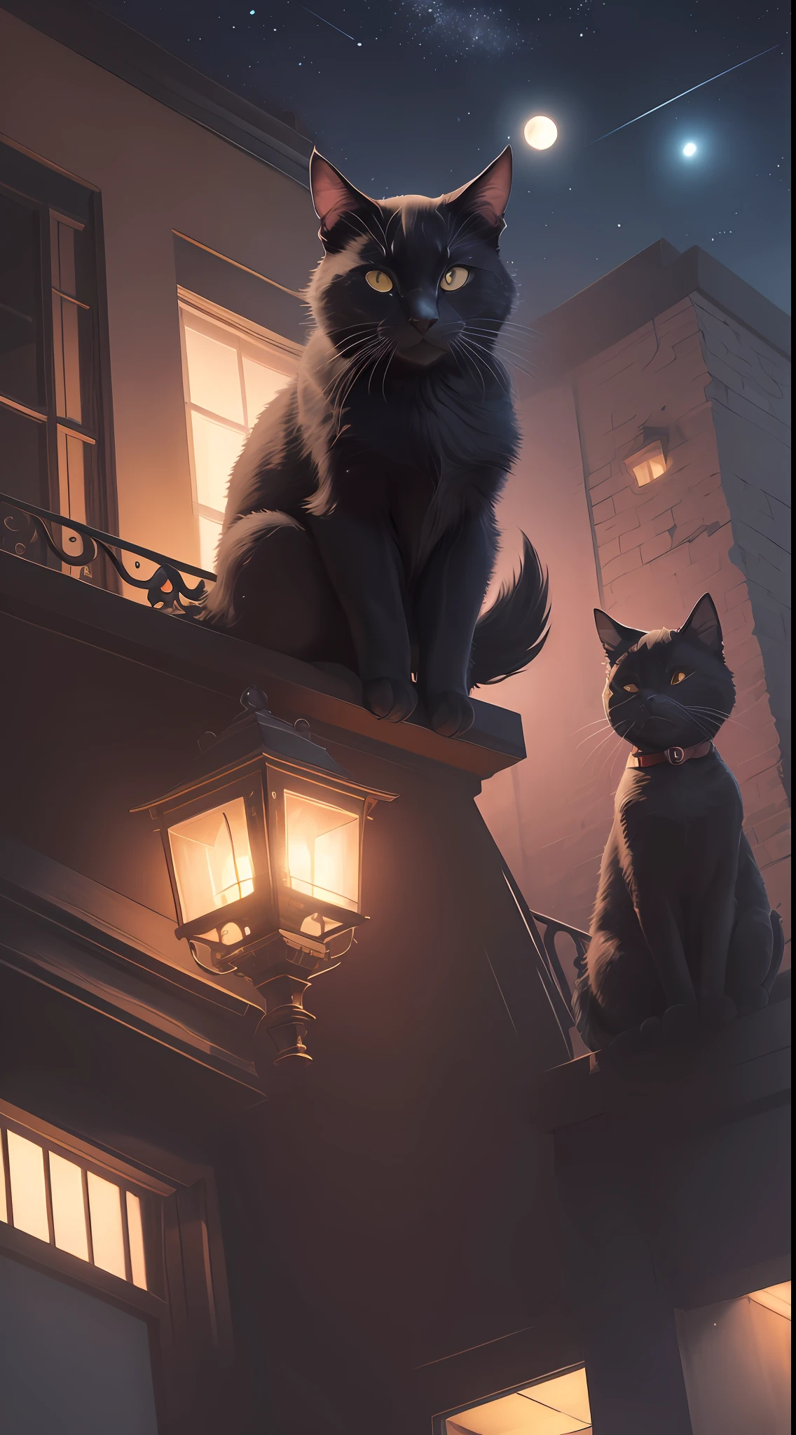 A black cat as a symbol of night and sweet dreams soars in the night sky over the sleeping city