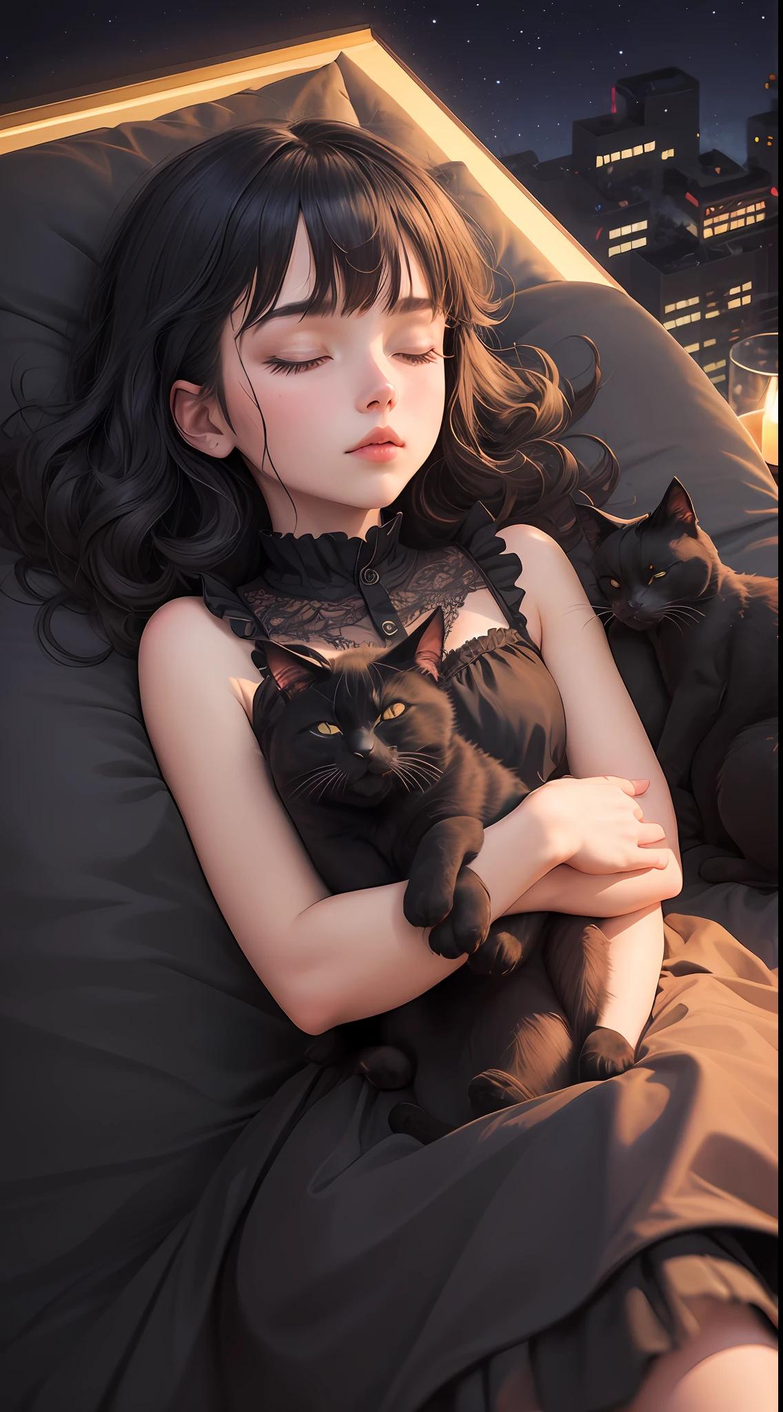 A black cat as a symbol of night and sweet dreams soars in the night sky over the sleeping city