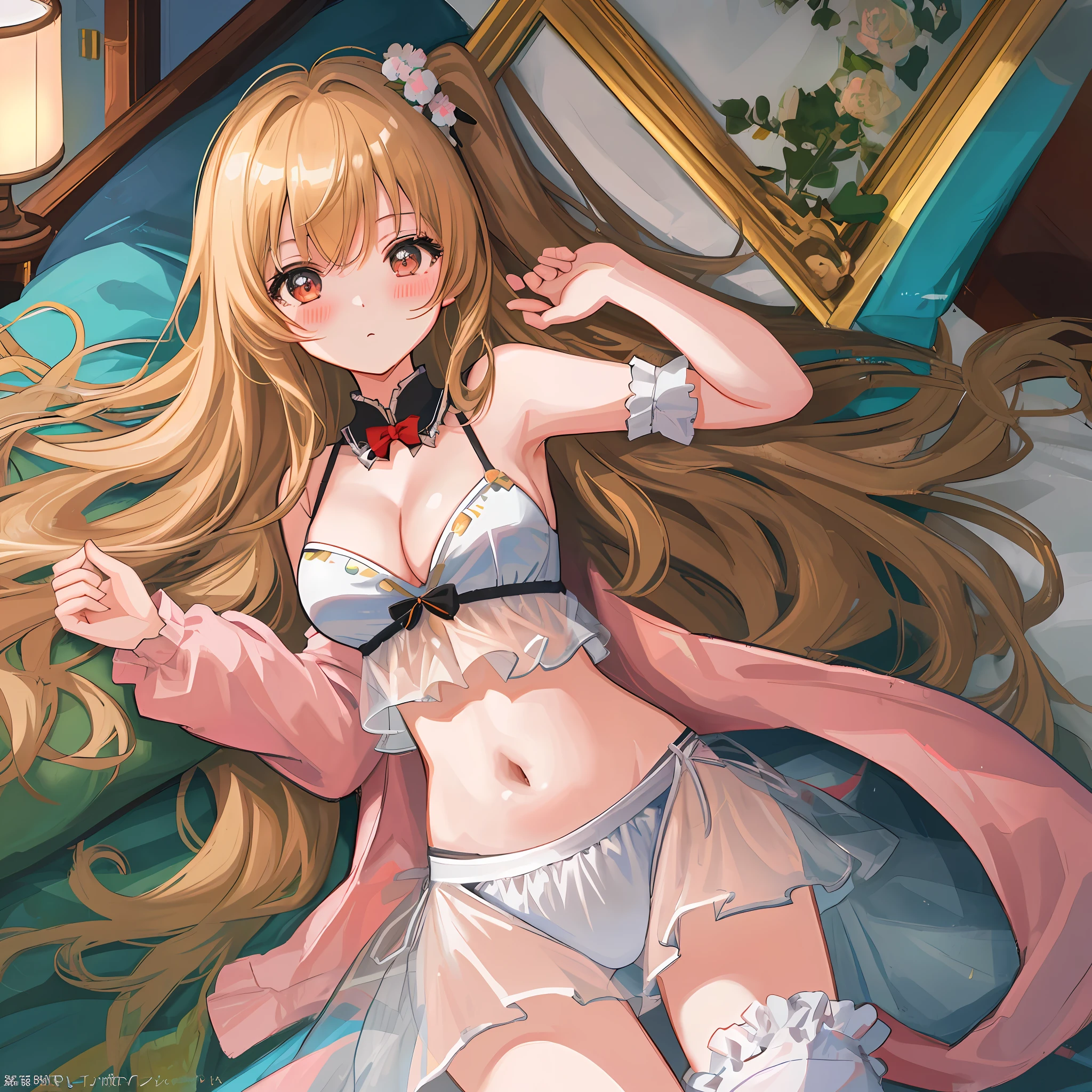 (((Masterpiece)))), (Best Quality)))), (Illustration)))), (Ultra Detail)), (High Definition)))), Girl, (Kagamion Rin), On the Bed, (Blush), (Embarrassing)), Cowboy Shot, Look at the Viewer, Grab Bed Sheets, (Lying on Your Back), Lying In Bed, (White Bikini), Cute, Ecchi Anime Style, Medium, Popular on pixiv , Loli, Beautiful Girl Anime Style, Sexy Anime Style, Buriaka Style, See-through, Cleavage, Most Popular on pixiv, On soft plush bed, Angel, Sleeveless, Navel visible