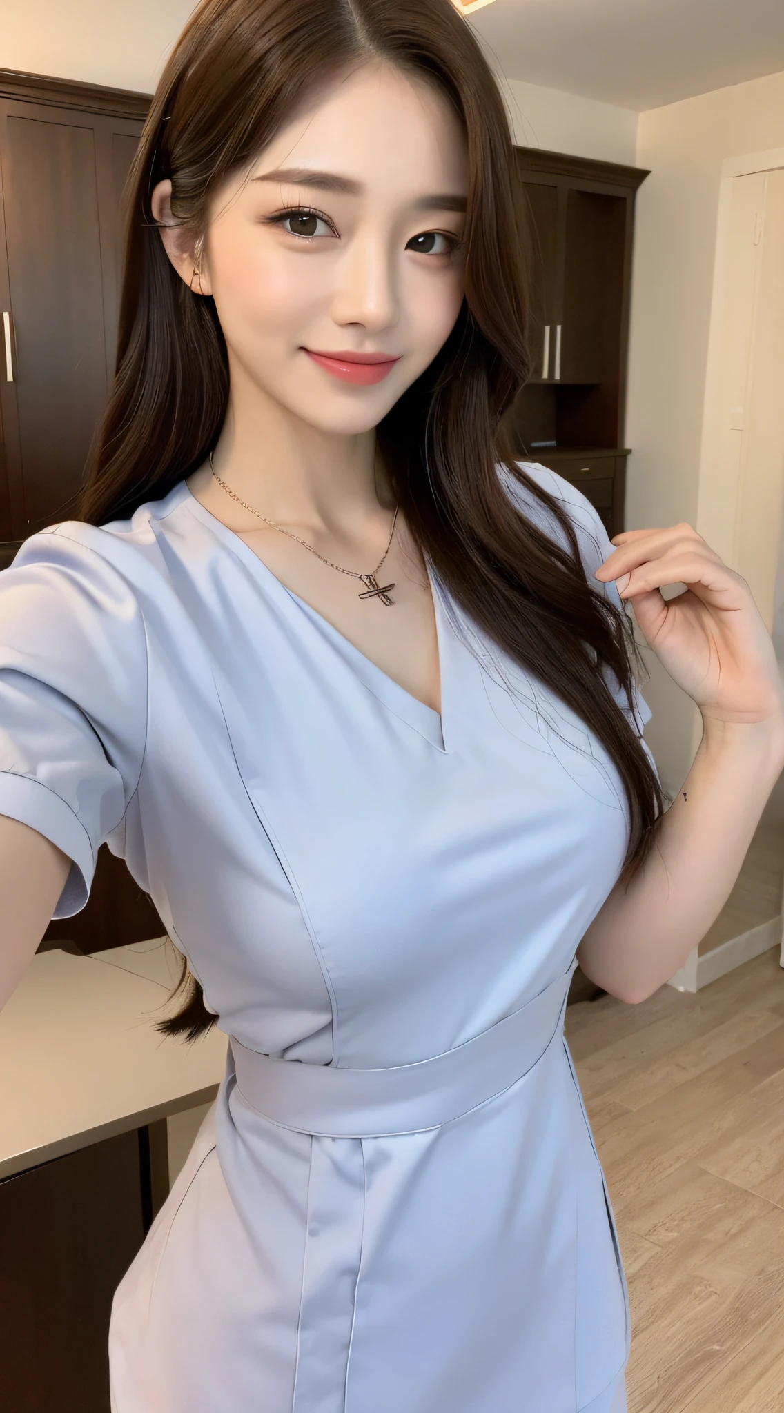 ((Best Quality, 8k, Masterpiece:1.3)), Focus:1.2, Perfect Body Beauty:1.4, Buttocks:1.2, ((Delicate Hair)), (Stylish Nurse Uniform:1.1) ,(Room, living room: 1.3), Highly detailed facial and skin texture, Fine eyes, Double eyelids, Whitening skin, Big breasts:1.4, smile, wearing a necklace,