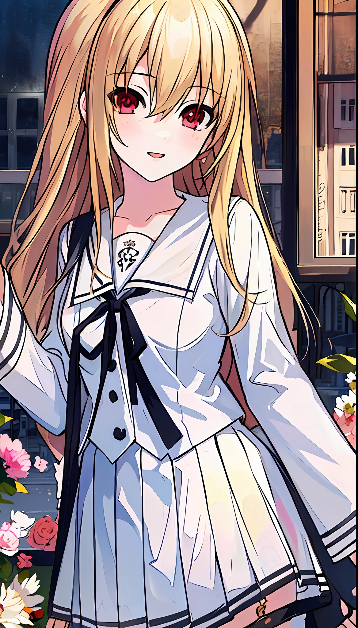 18 year old beautiful girl, ((Masterpiece)))), (((highest quality)))), (((very detailed))), detailed fingers, illustration, 1 girl, solo, blonde right side pony, blonde long hair, white ribbon on right hair, white school uniform, red eyes, white mini skirt, MAYURI, dynamic pose,