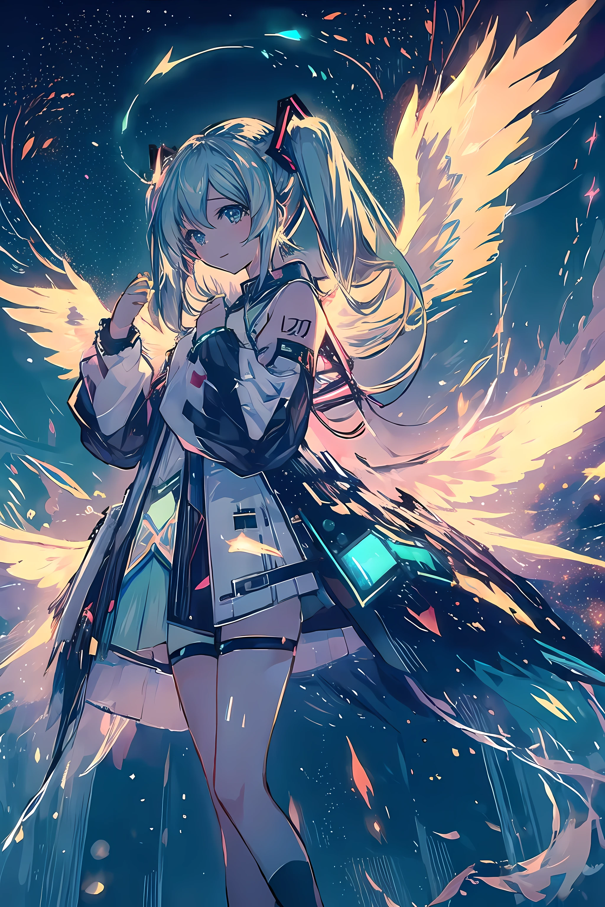 (masterpiece), (best quality),(hatsune_miku),(1girl:1),happy,(light particle),dimm lighting, dutch angle, dynamic pose,(big wings),from below,(hands reaching to viewer:1.2)