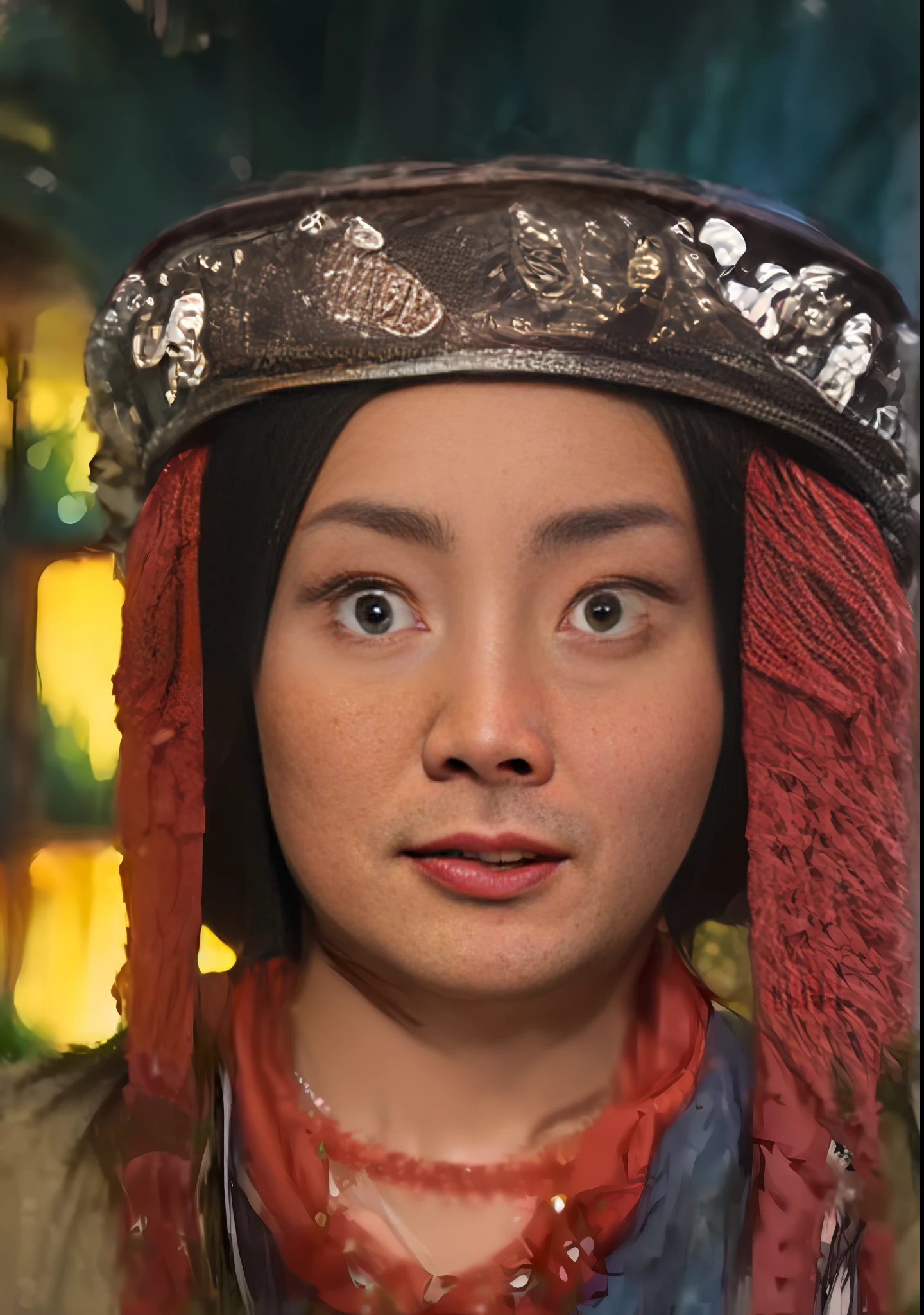 painting of a woman with a headdress and a necklace, portrait of modern darna, inspired by Li Mei-shu, portrait of mulan, chinese woman, a young woman as genghis khan, inspired by Lan Ying, detailed face of a asian girl, ancient libu princess, asian face, inspired by Lü Ji, oriental face, chinese princess