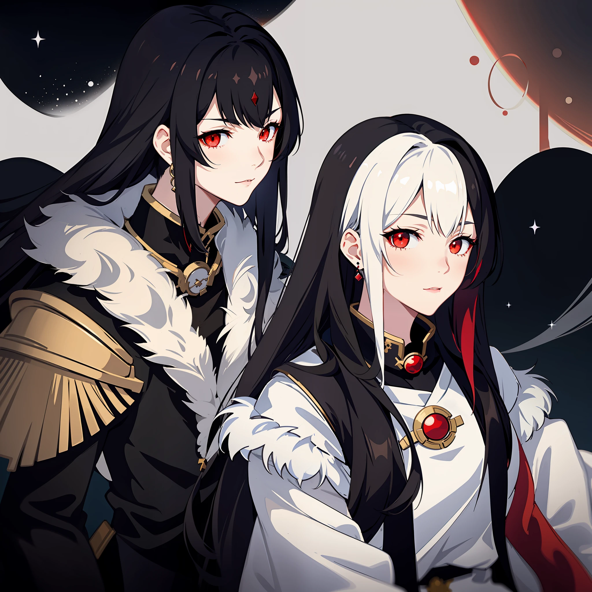 Only 1 anime female with long black hair and red eyes wearing a white coat, onmyoji portrait, azur lane style, beautiful anime female, anime moe artstyle, cute anime, attractive, anime 21yo Female, black and white hair style, holding a blackhole
