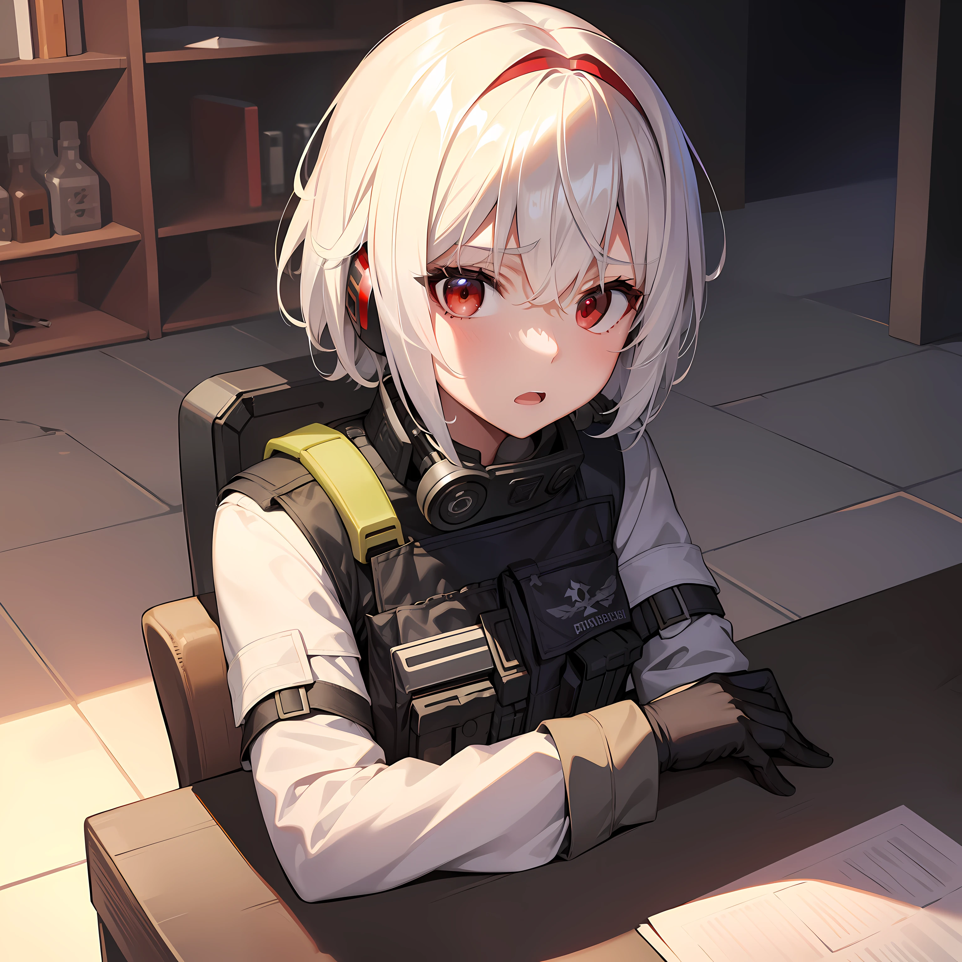 masterpiece , a girl, in battlefield, ( lite white short hair:1.2), (red eyes:1.2), (Russian Millitary Uniform:1.2), (looks at the viewer:1.2) , (8k, best quality 1.2), ultra-detailed, 8k uhd, soft lighting, high quality, film grain, beautiful lighting, cinematic ,perfect body , best illumination, best shadow, sharpness, contrast, red glasses, messy hair, tactical vest, gloves, headset, absurdres high detailed face, scared face