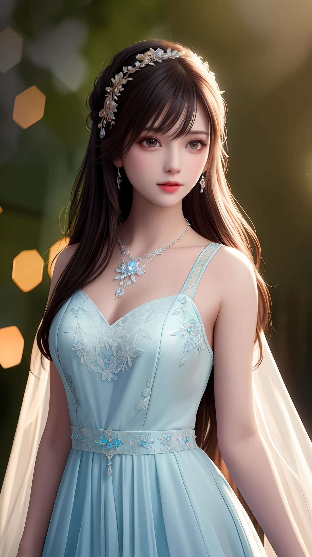 Best Quality, Masterpiece, High Resolution, 1Girl, Lace Chiffon Dress, Hair Accessories, Necklace, Jewelry, Beautiful Face, Body, Tyndall Effect, Realism, Dark Studio, Edge Lighting, Two-tone Lighting, (High Detail Skin: 1.2), 8K UHD, DSLR, Soft Light, High Quality, Volumetric Light, Voy Shot, Photos, High Resolution, 4K, 8K, Bokeh,