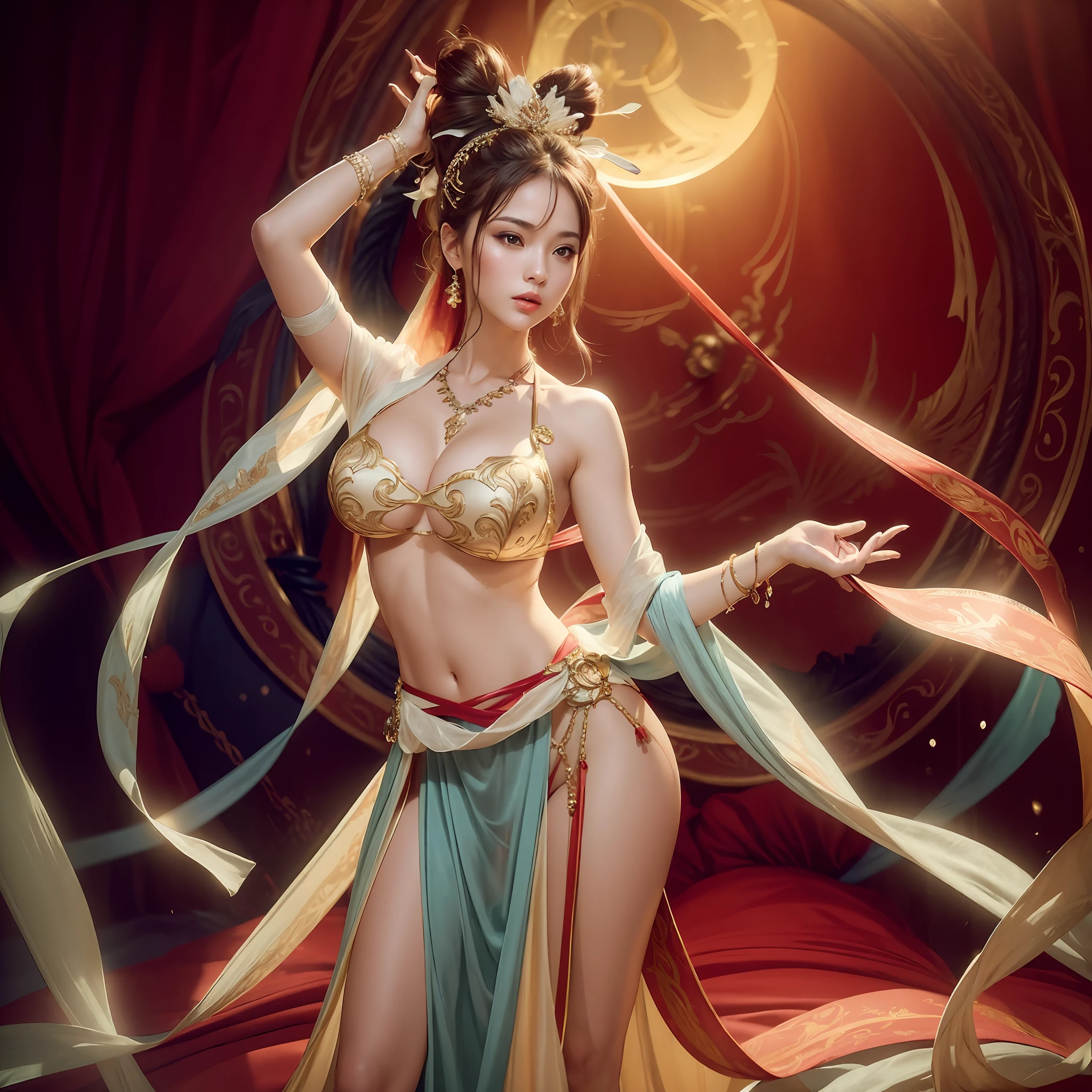 ((sexy woman)),((group of girls)), delicious lighting, blurred background, exceptional costume design, seductive, charming, artistic and memorable pose. Volumetric light accentuating the environment, legs open,. The colors are rich and contrasting. The image is attractive and has a high visual impact. It's a work of art!)