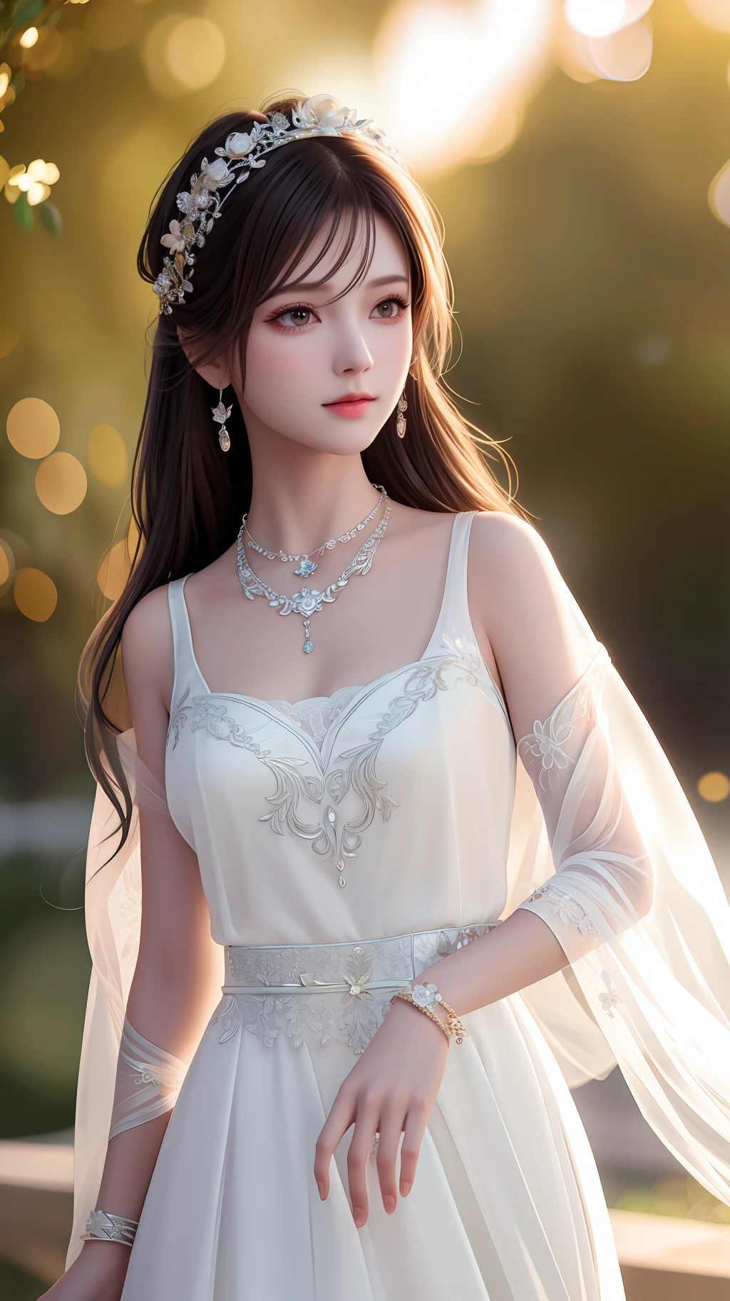 Best Quality, Masterpiece, High Resolution, 1Girl, Lace Chiffon Dress, Hair Accessories, Necklace, Jewelry, Beautiful Face, Body, Tyndall Effect, Realism, Dark Studio, Edge Lighting, Two-tone Lighting, (High Detail Skin: 1.2), 8K UHD, DSLR, Soft Light, High Quality, Volumetric Light, Voy Shot, Photos, High Resolution, 4K, 8K, Bokeh,