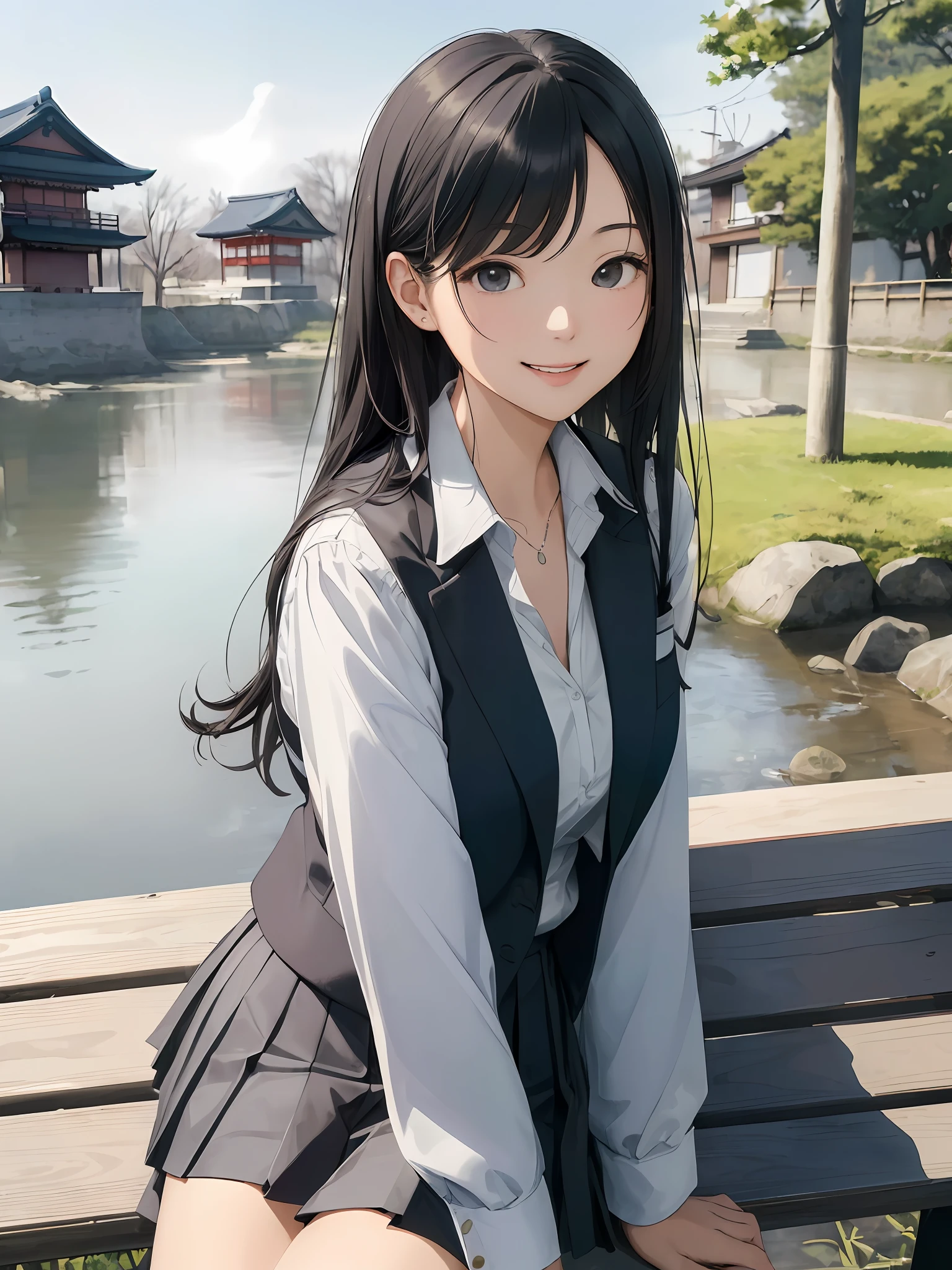 (((Masterpiece, Best Quality, High Definition, High Detail)))), ((Modern Japan)), Alone, (Schoolgirl sitting on the bench)), ((Big))))), long black hair, Blazer, Unbuttoned blouse, Lace bra, Gray pleated skirt, Blue sky, (strong wind), smile, cleavage