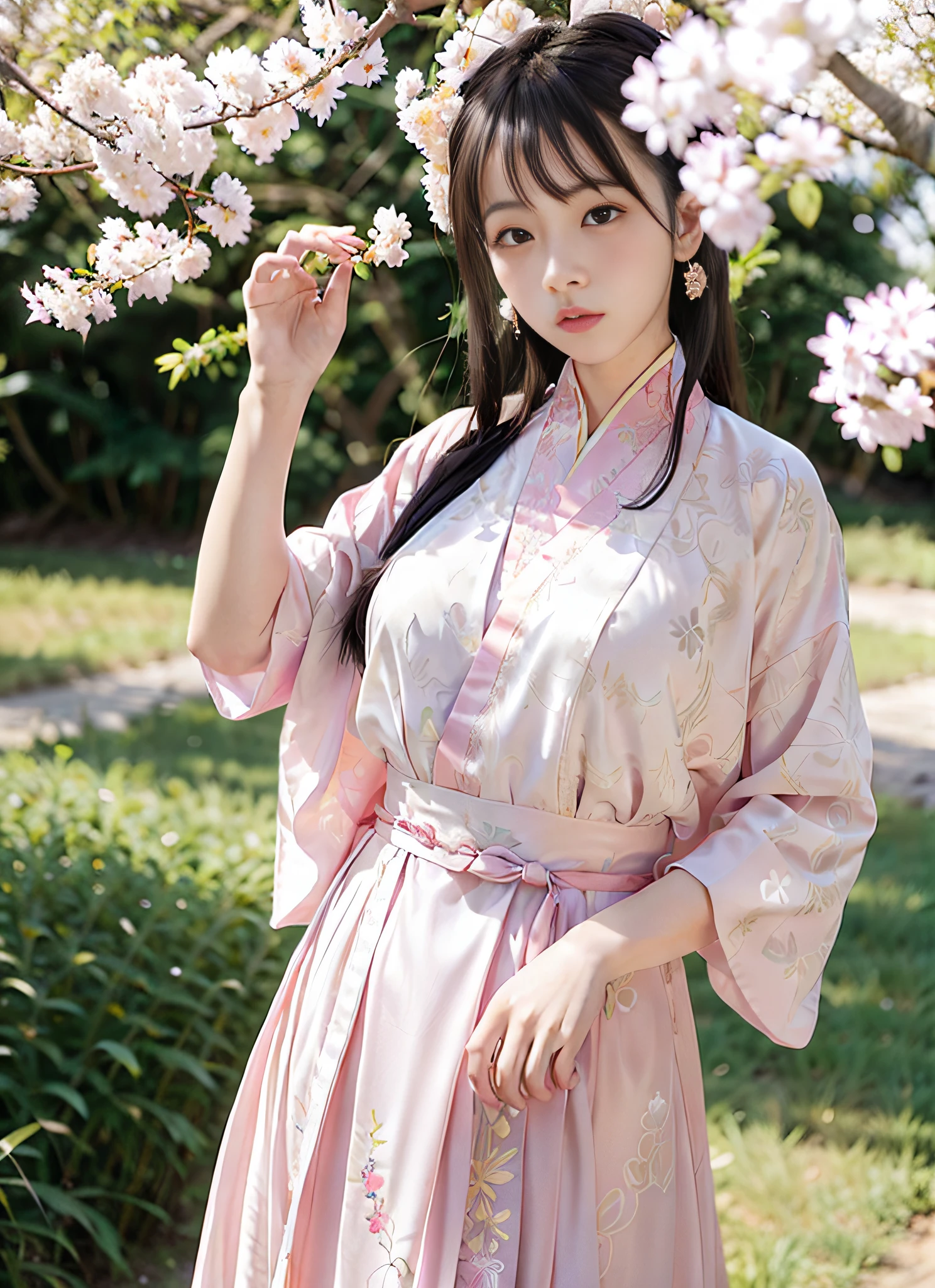 araffe woman in a pink dress standing under a tree with pink flowers, white hanfu, with acient chinese clothes, hanfu, palace , a girl in hanfu, flowing sakura silk,((huge breasts :1.3)), wearing ancient chinese clothes, flowing sakura-colored silk, traditional chinese clothing, pale and coloured kimono, pale pink and gold kimono, wearing beautiful clothes, chinese costume