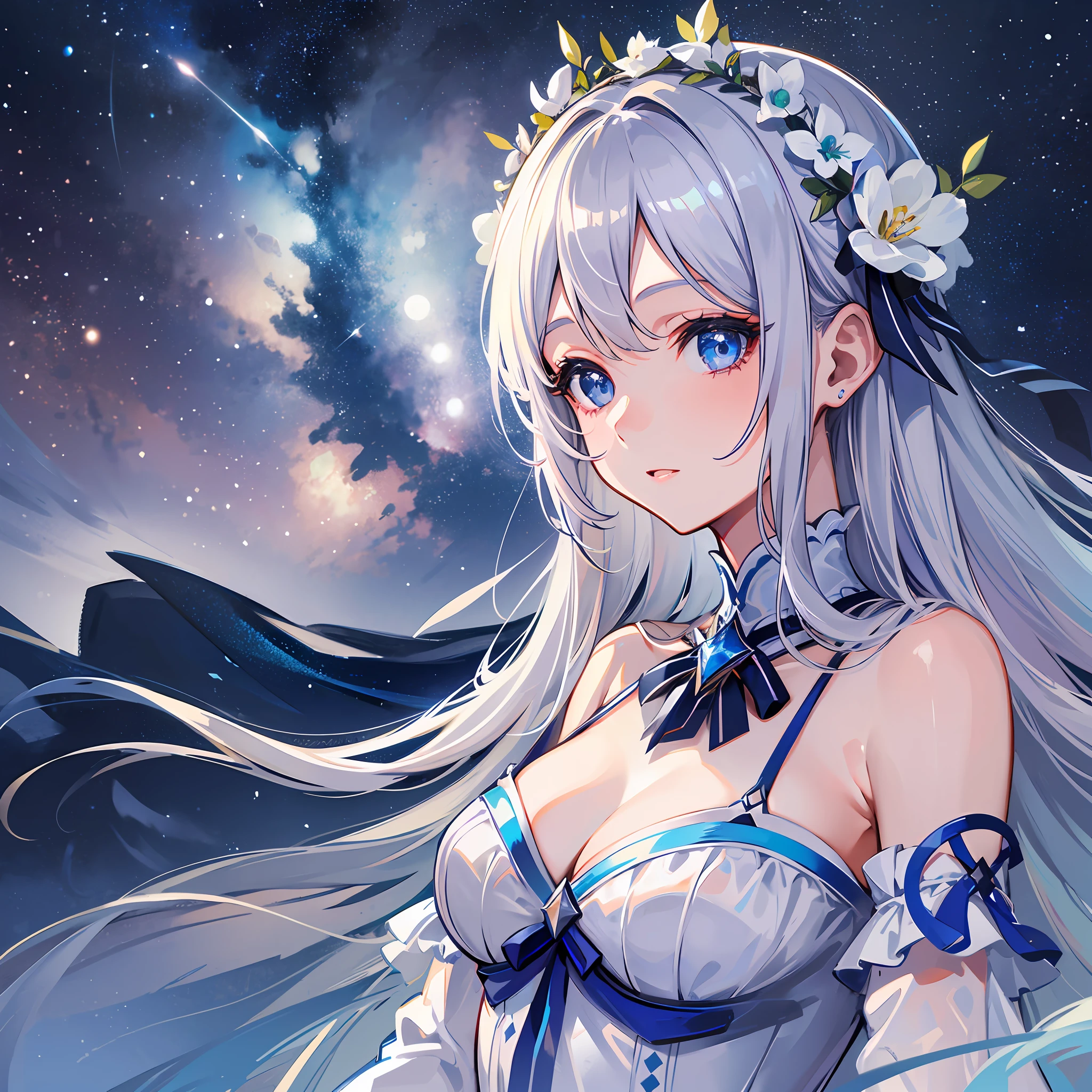 1 Girl , 4K , Masterpiece , Silver Hair , White Dress, Light Blue Eyes , Night , Starry Sky, Lake Water, Upper Body Portrait , Face Highlights, Auto Adjustment, Picture Quality Optimization --select_second_best