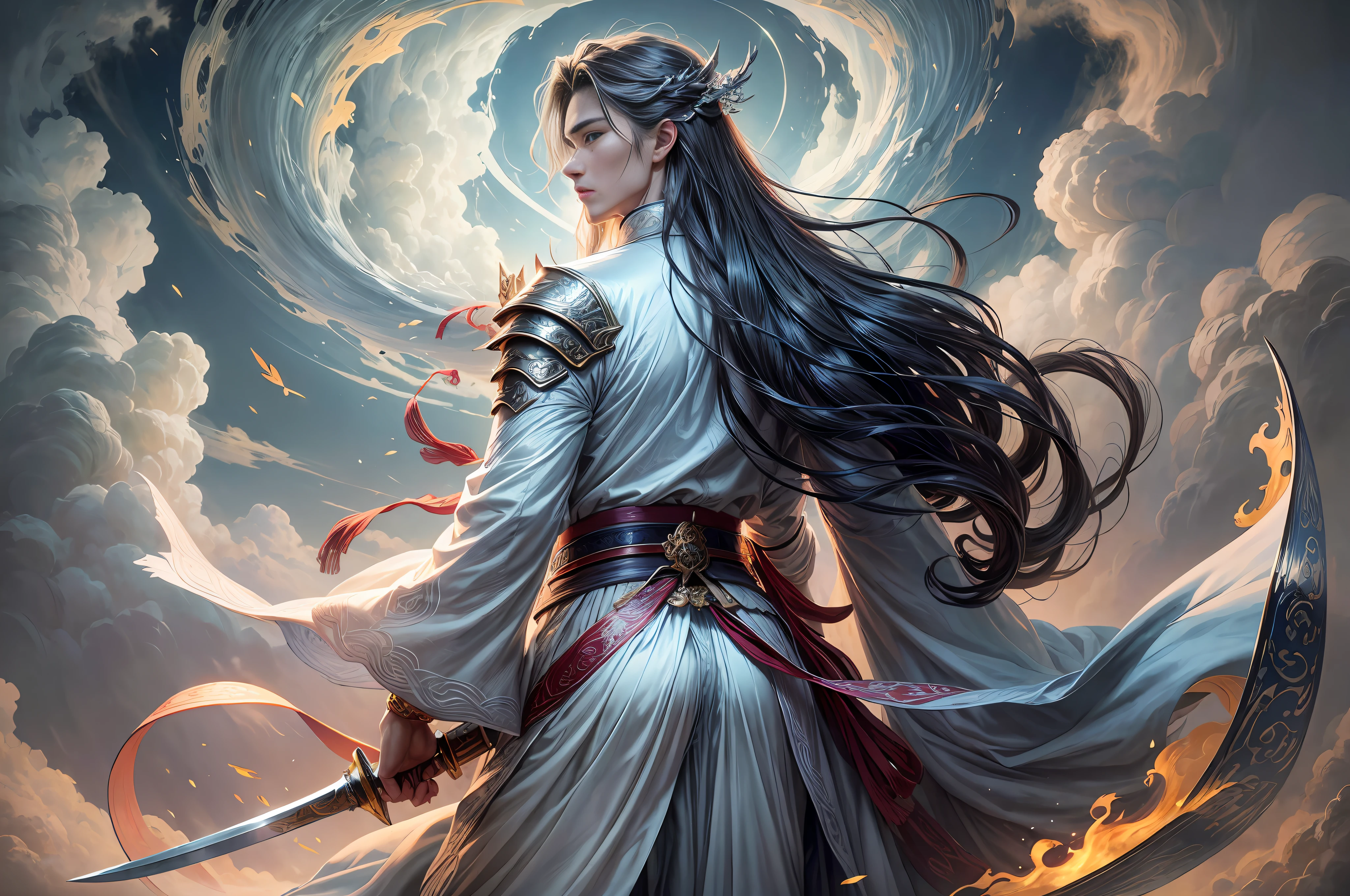 masterpiece, best quality), two-dimensional, auspicious clouds, sea of clouds background, divine light flowing, fairy standing, ancient Chinese long-haired handsome man, 20-year-old boy, handsome, no beard, delicate facial features, fairy wind Dao bone, white to clothing, immortal, deep eyes, gorgeous clothing, mountain top. Holding a long sword behind his back. Chinese style, Chinese martial arts style. --auto --s2
