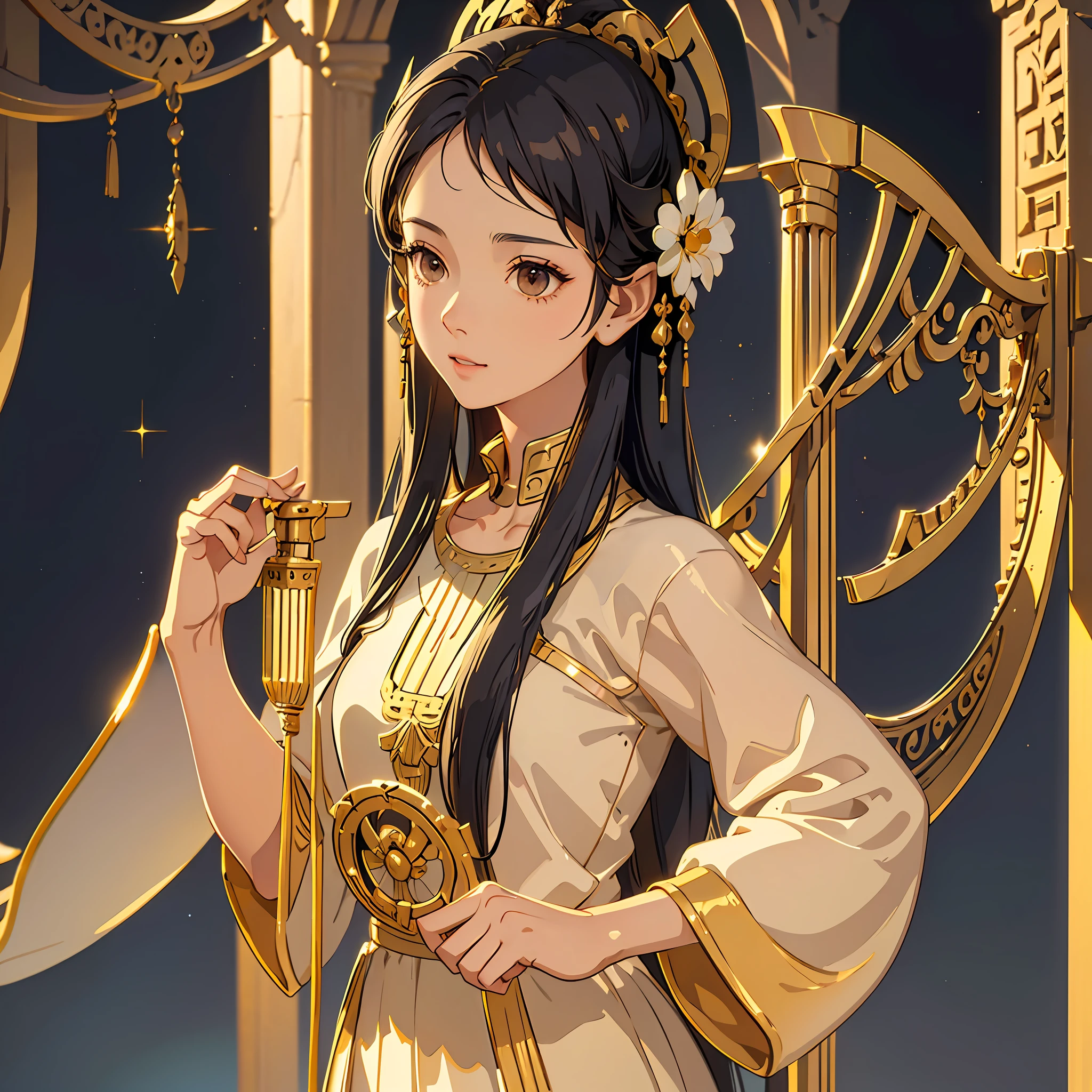 a woman halflings bard, a small golden harp, black hair, brown eyes, short stature, fully clothed, in an Egyptian temple, masterpiece, best quality, high contrast, soft lighting, backlighting, blooming, light sparkles, chromatic aberration, smooth, sharp focus