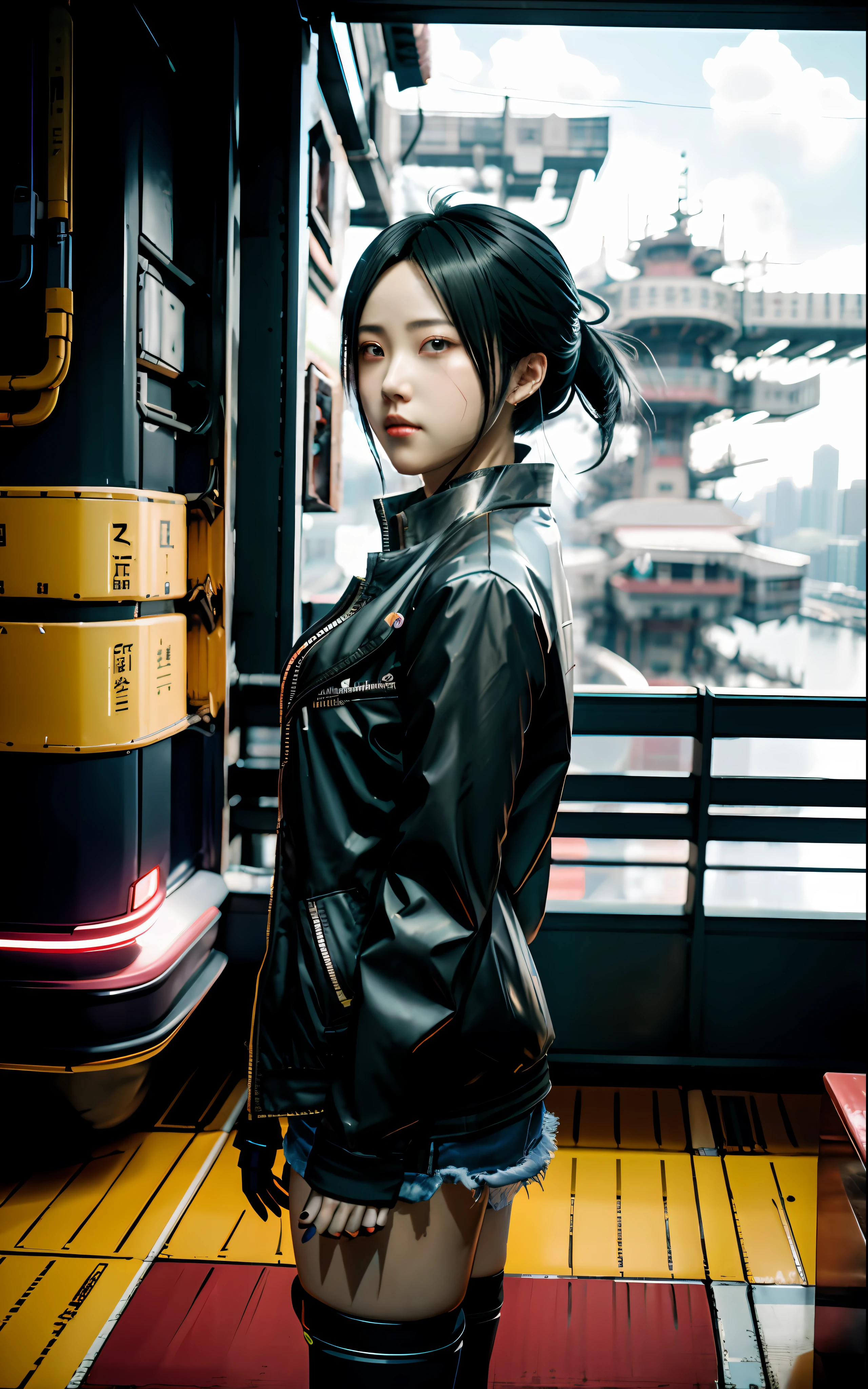 anime girl in short shorts and jacket standing next to giant robot, artwork in the style of guweiz, cyberpunk anime girl mech, trending on cgstation, guweiz, by Russell Dongjun Lu, digital cyberpunk anime art, ross tran 8 k, guweiz on artstation pixiv, girl in mecha cyber armor