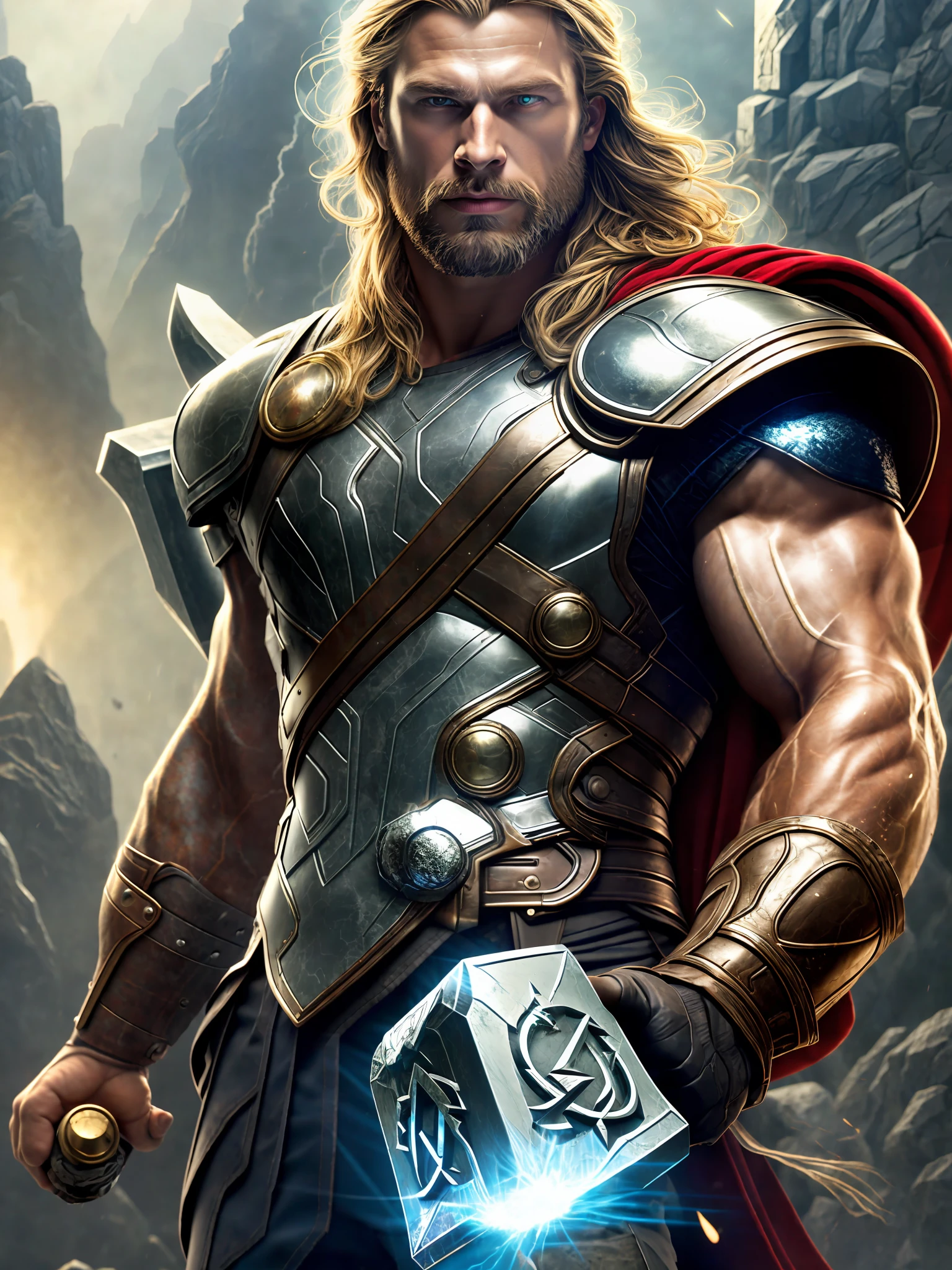 Mjolnir, silver, lightning surround, metallic, heavy, iron hammer