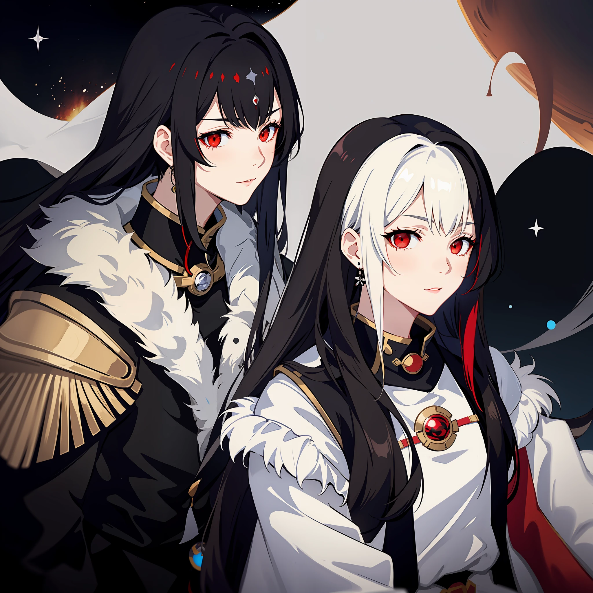 Only 1 anime female with long black hair and red eyes wearing a white coat, onmyoji portrait, azur lane style, beautiful anime female, anime moe artstyle, cute anime, attractive, anime 21yo Female, black and white hair style, holding a blackhole