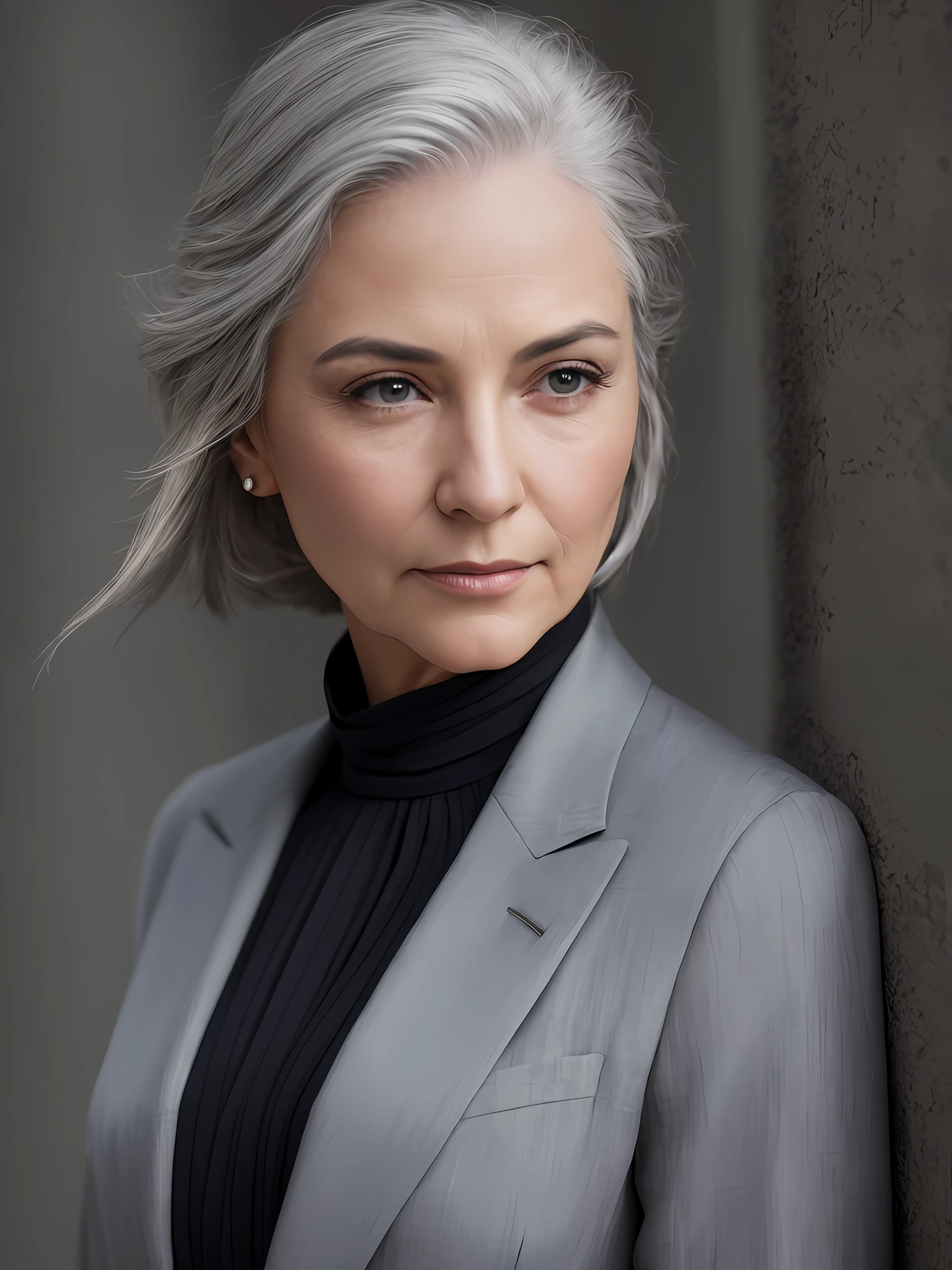 photo of a gray-haired woman in an elegant business suit, wide-frame photo, photo shoot style, exquisite, detailed, dramatic, elite, real world, (hard focus, 8 k), (((natural skin texture))), 8k textures, soft cinematic light, adome lightroom, photo lab, hdr, intricate, elegant, highly detailed, clear focus, (((cinematic look))), soothing tones, crazy detail, high detail, low contrast, soft cinematic light, dull colors, mixing exposures, HDR, fade, 35 mm, f/1.4, ISO64, f16, 25 sec.