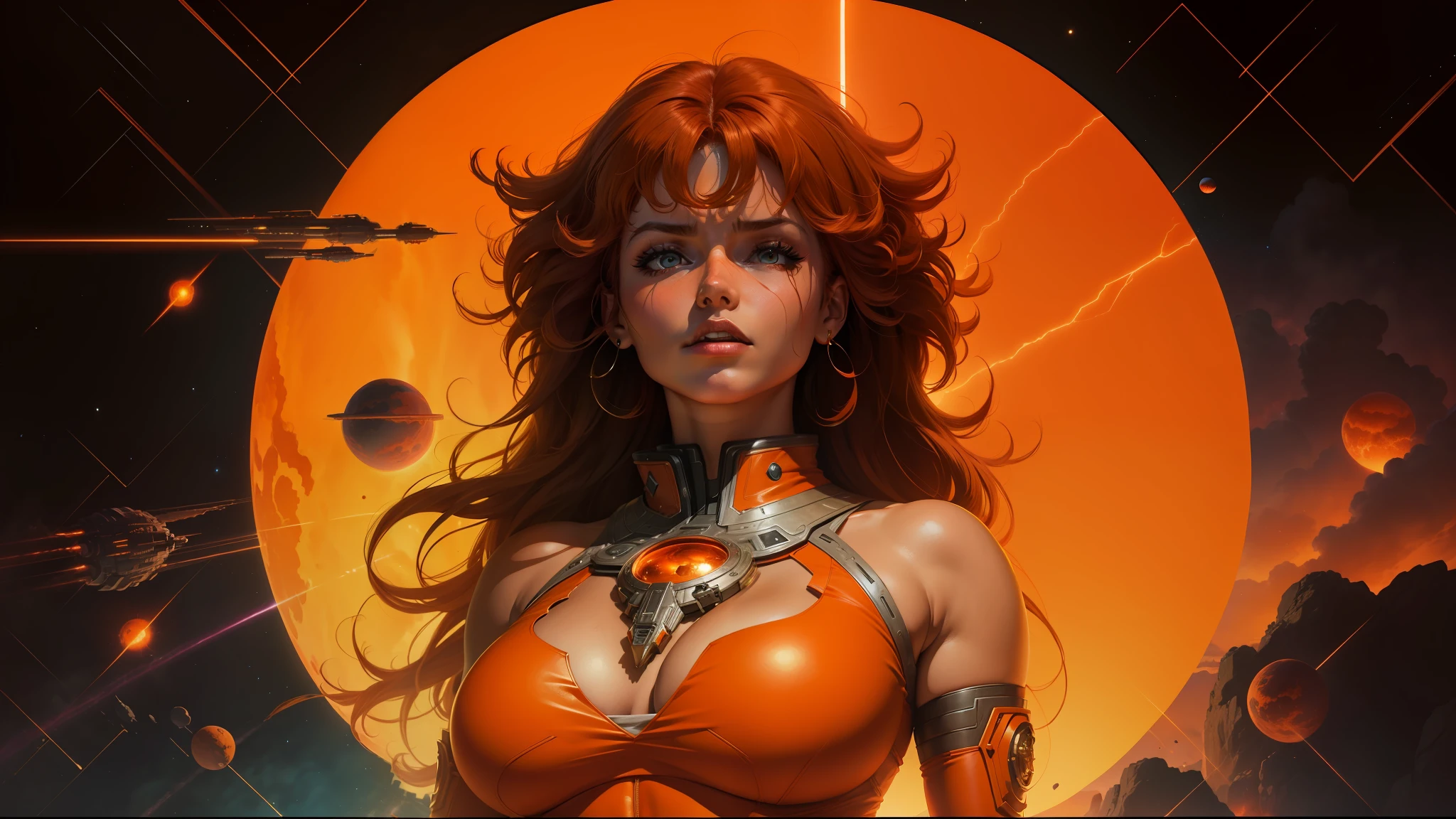 arafed image of a woman with a large body in a space setting, heavy metal comic cover art, jodorowky's dune movie, orange skin and long fiery hair, large bust, 'the red citadel, sunburst behind woman, 7 0 s palette, laserpunk