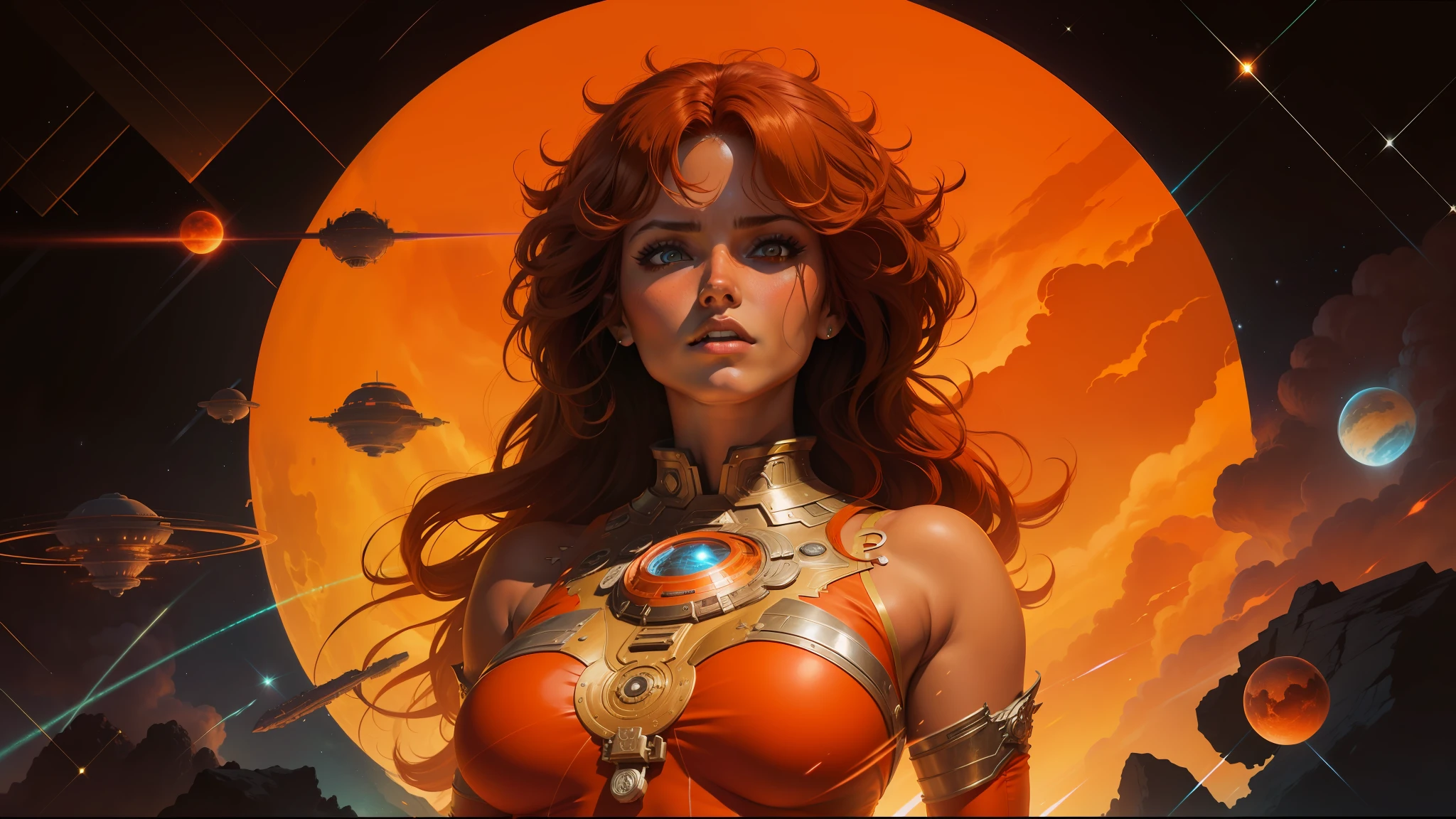 arafed image of a woman with a large body in a space setting, heavy metal comic cover art, jodorowky's dune movie, orange skin and long fiery hair, large bust, 'the red citadel, sunburst behind woman, 7 0 s palette, laserpunk