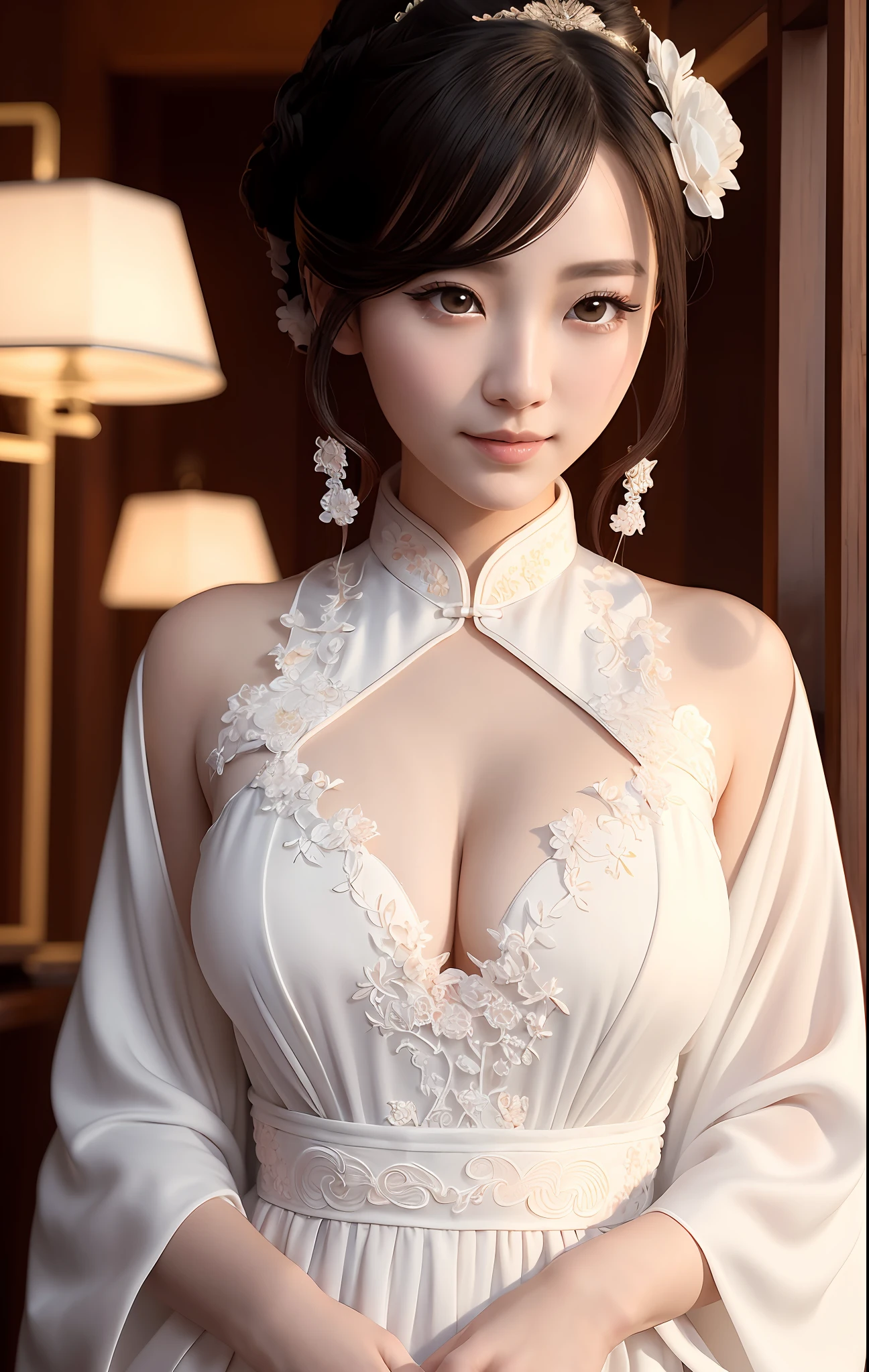 best quality, masterpiece, illustration, very delicate and beautiful, highly detailed, CG, unity, 8k wallpaper, amazing, elaborate details, masterpiece, best quality, official art, highly detailed CG unity 8k wallpaper, super detailed, high resolution, highly detailed, beautiful detailed girl, very detailed eyes and face, beautiful detailed eyes, face light, (Hanfu: 1.1), 1 girl, Cheongsam with white lace open chest, big beautiful big, beautiful ass, 27 years old, smile, oblique back