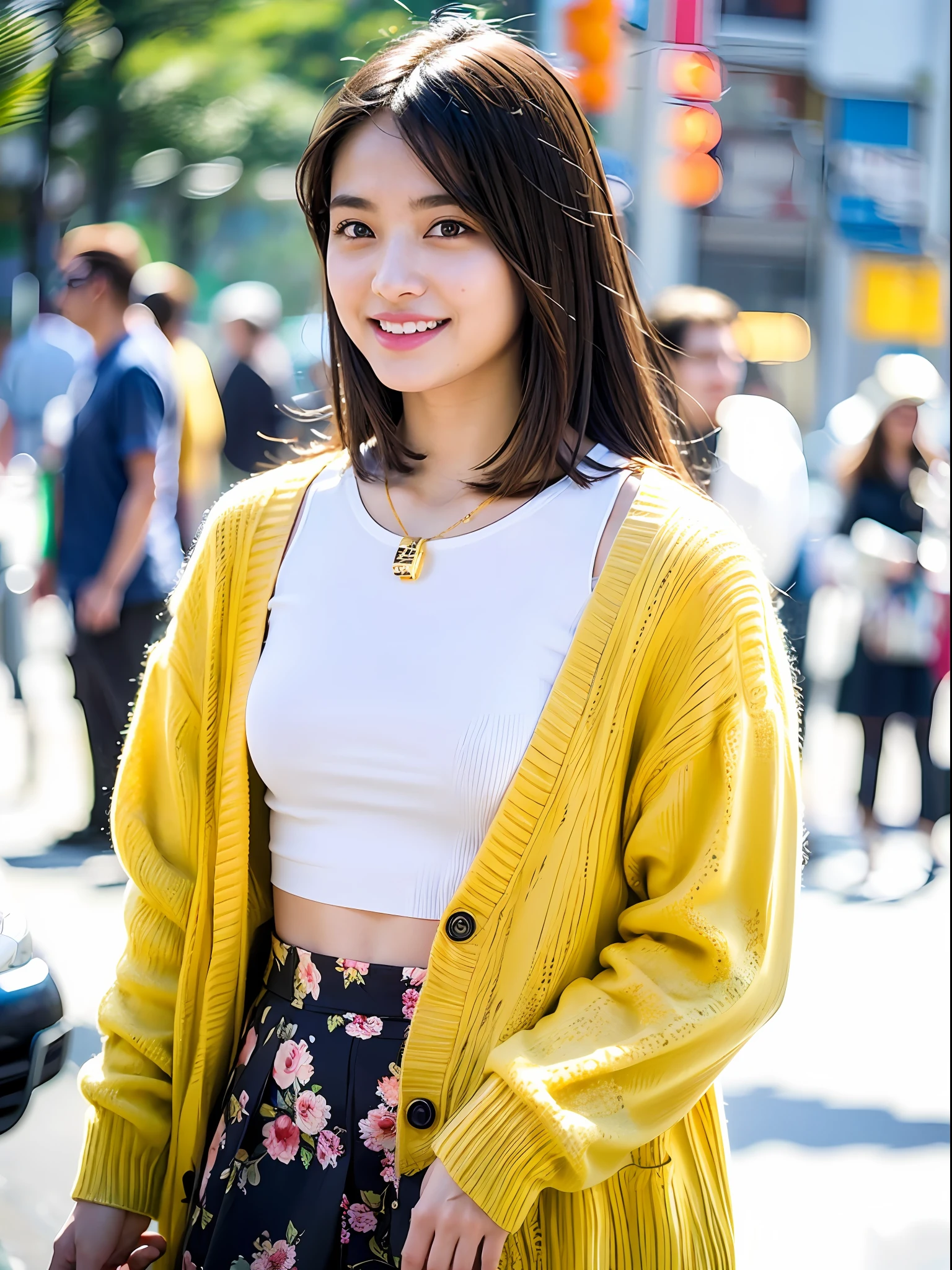 18 year old girl with perfect face and big, café, right hand with hair, cute clothes, slim and slender physique. The skin has detailed and highly detailed eyes (1.1 emphasis), very detailed skin texture (1.1 emphasis). Slender necklace, model photo style, photorealistic, skin texture is real human skin texture, detailed skin pores, complex details, eyes are very detailed, black floral skirt: 1.5, high neck white shirt: 1.2, lemon yellow cardigan, dark brown bag, street, smile, viewer's eye view, dimples