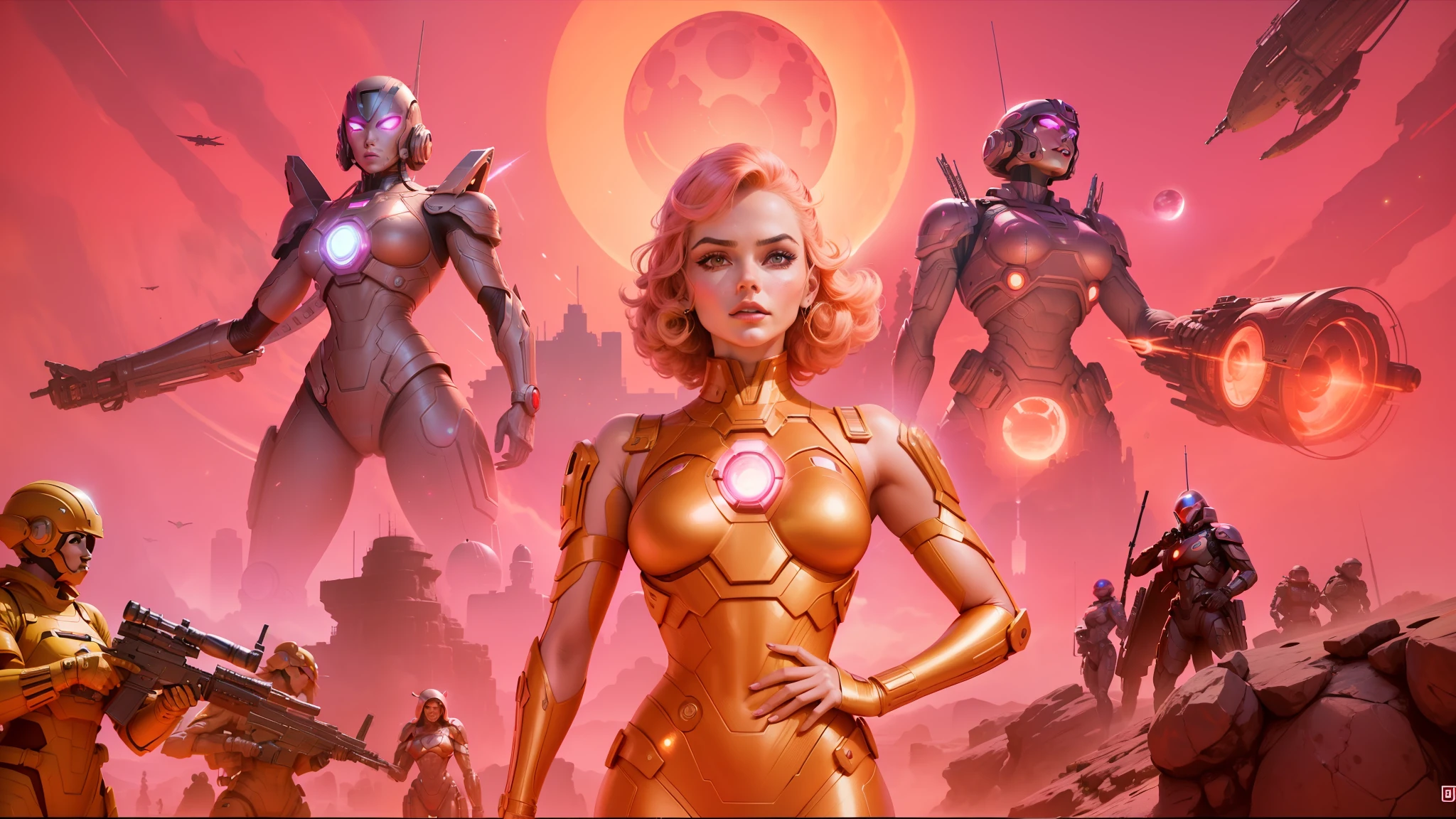 arafed image of a woman in a futuristic outfit with a gun, pink sun, style of virgil finlay, trending on artstration, american soldiers invaded mars, sacral chakra, by Jan Tengnagel, still from the avengers, flesh - tone color palette, golden computers, 60s, youtube thumbnail, love death and robots, stellar formation